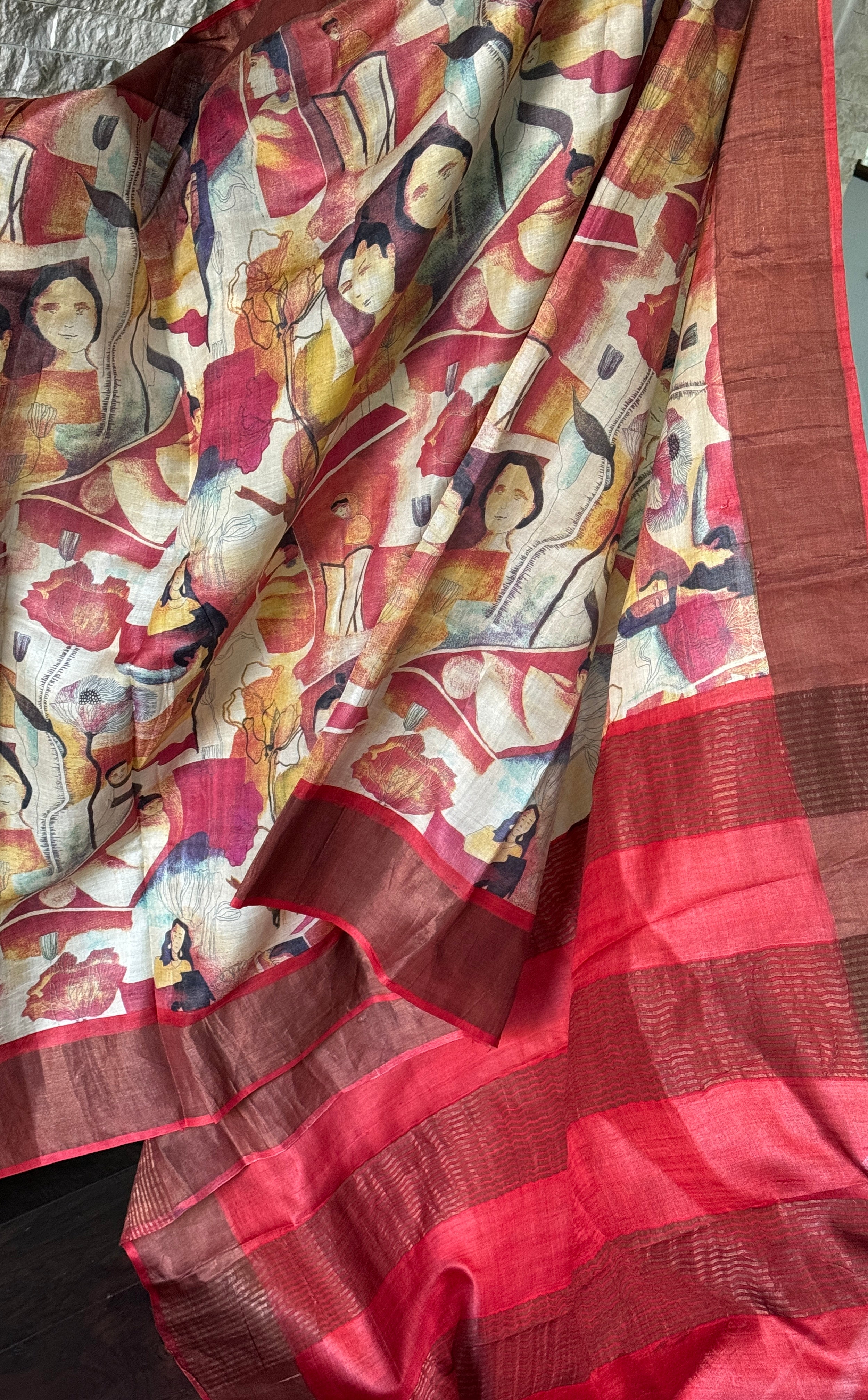 Pure Tussar Silk - Beige Red Printed