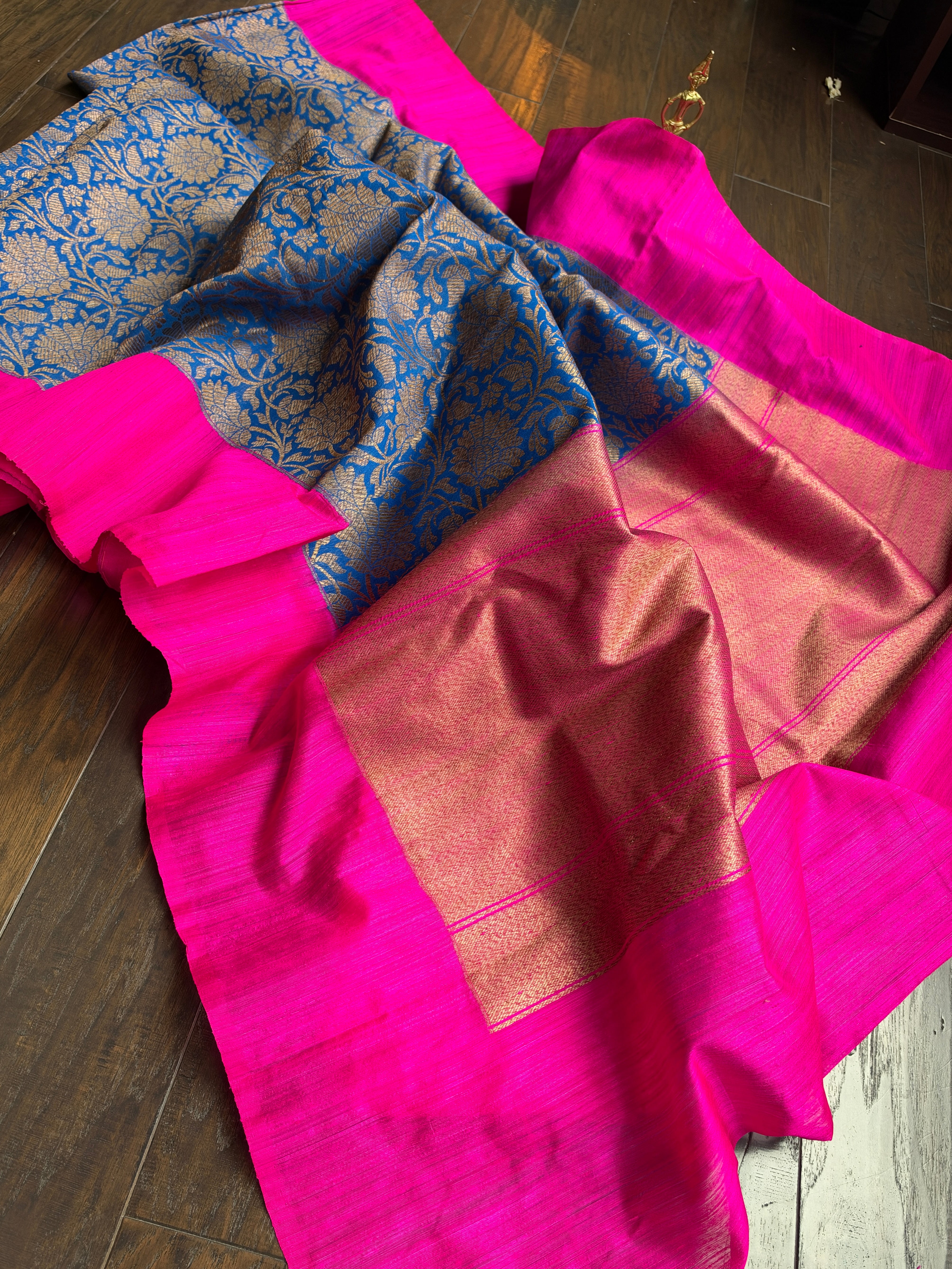 Raw Silk Banarasi - Blue Hot Pink Jaal Weave