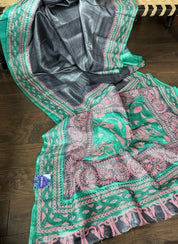 Pure Tussar Silk Kantha Stitch -  Grey Green