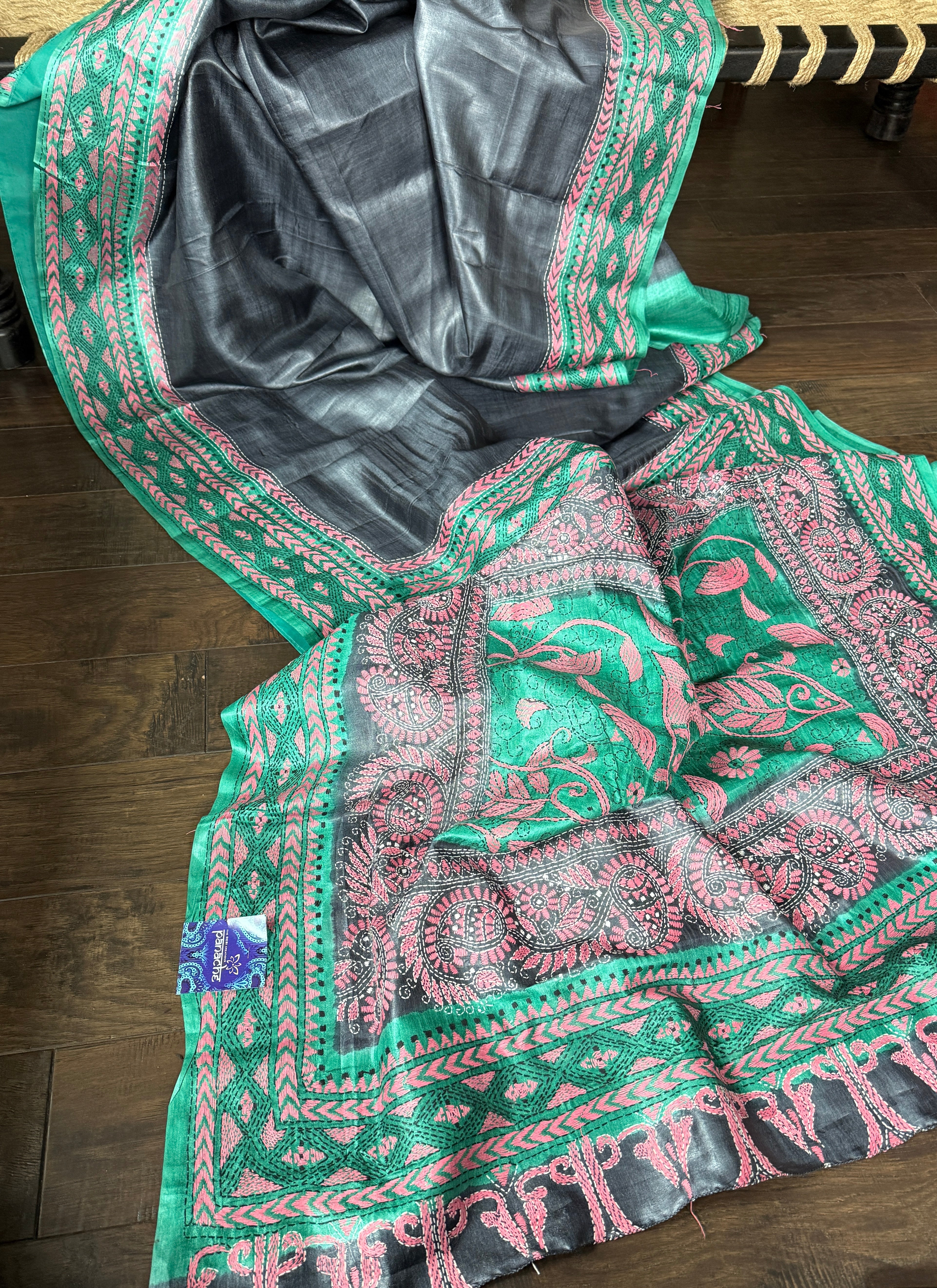 Pure Tussar Silk Kantha Stitch -  Grey Green