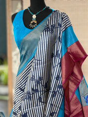 Pure Tussar Silk - Blue Firozi Magenta