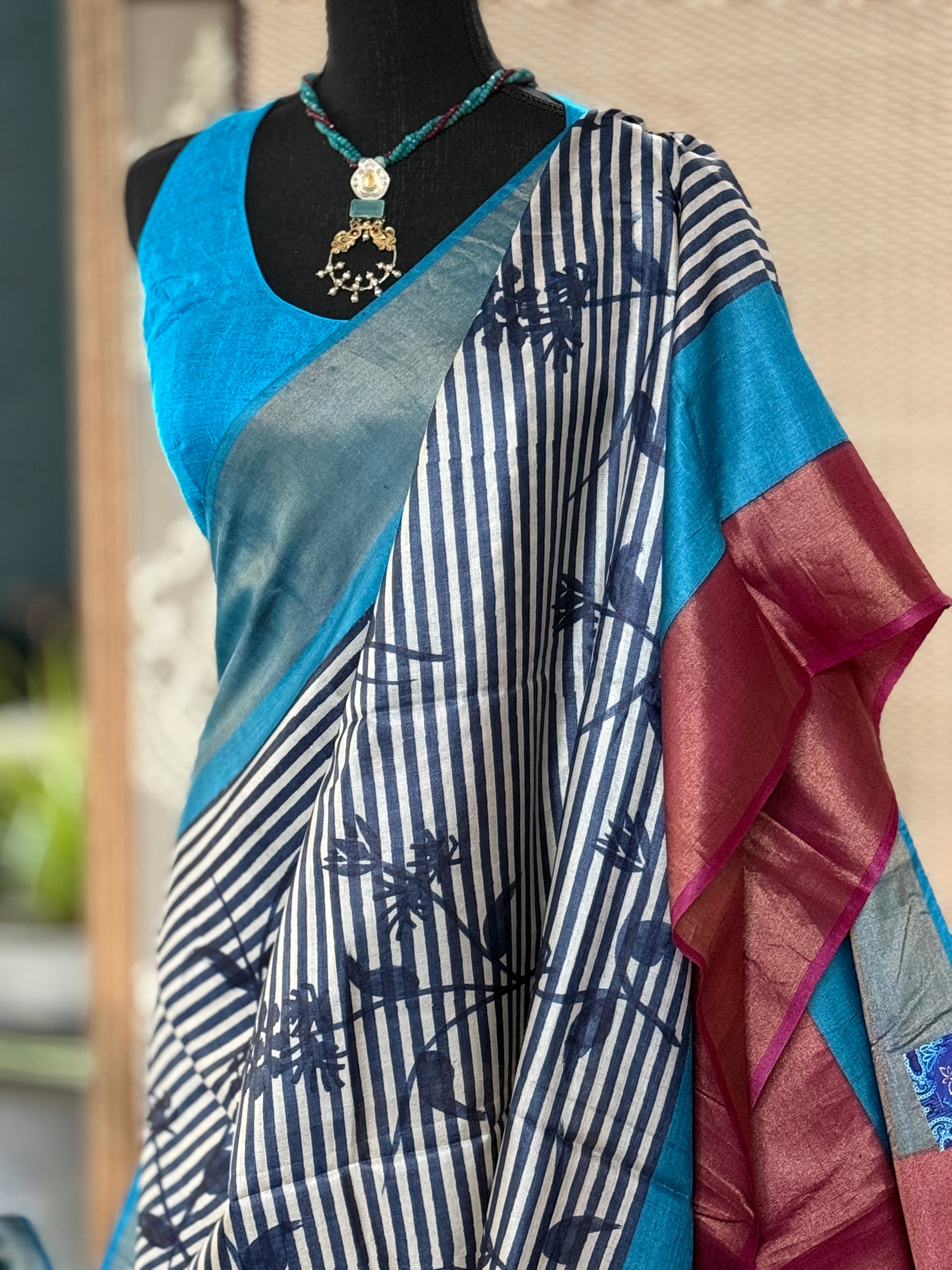 Pure Tussar Silk - Blue Firozi Magenta