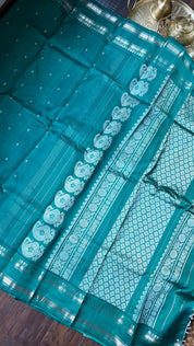 Pure Silk Gadwal - Teal Green Silver Zari