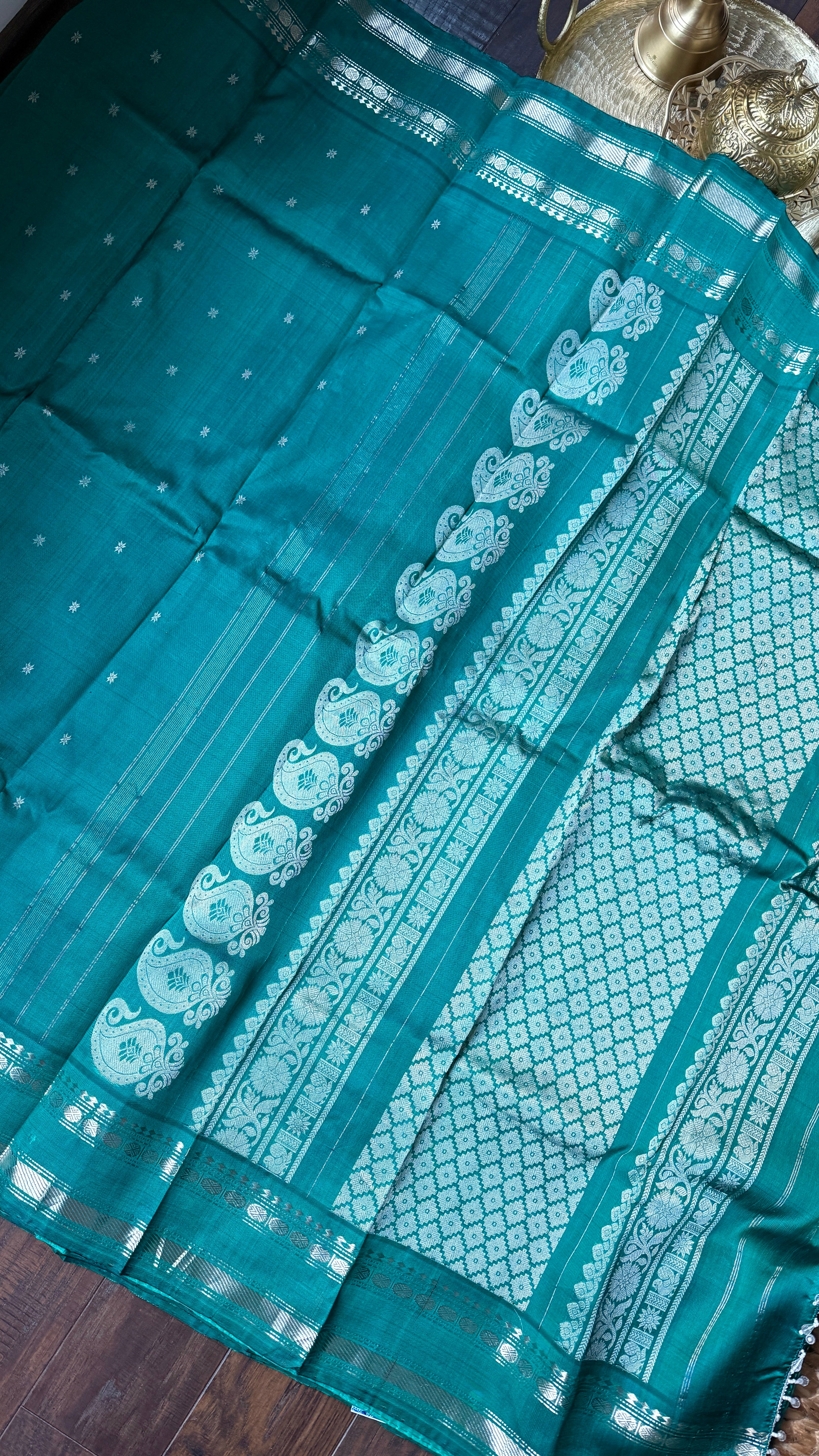 Pure Silk Gadwal - Teal Green Silver Zari