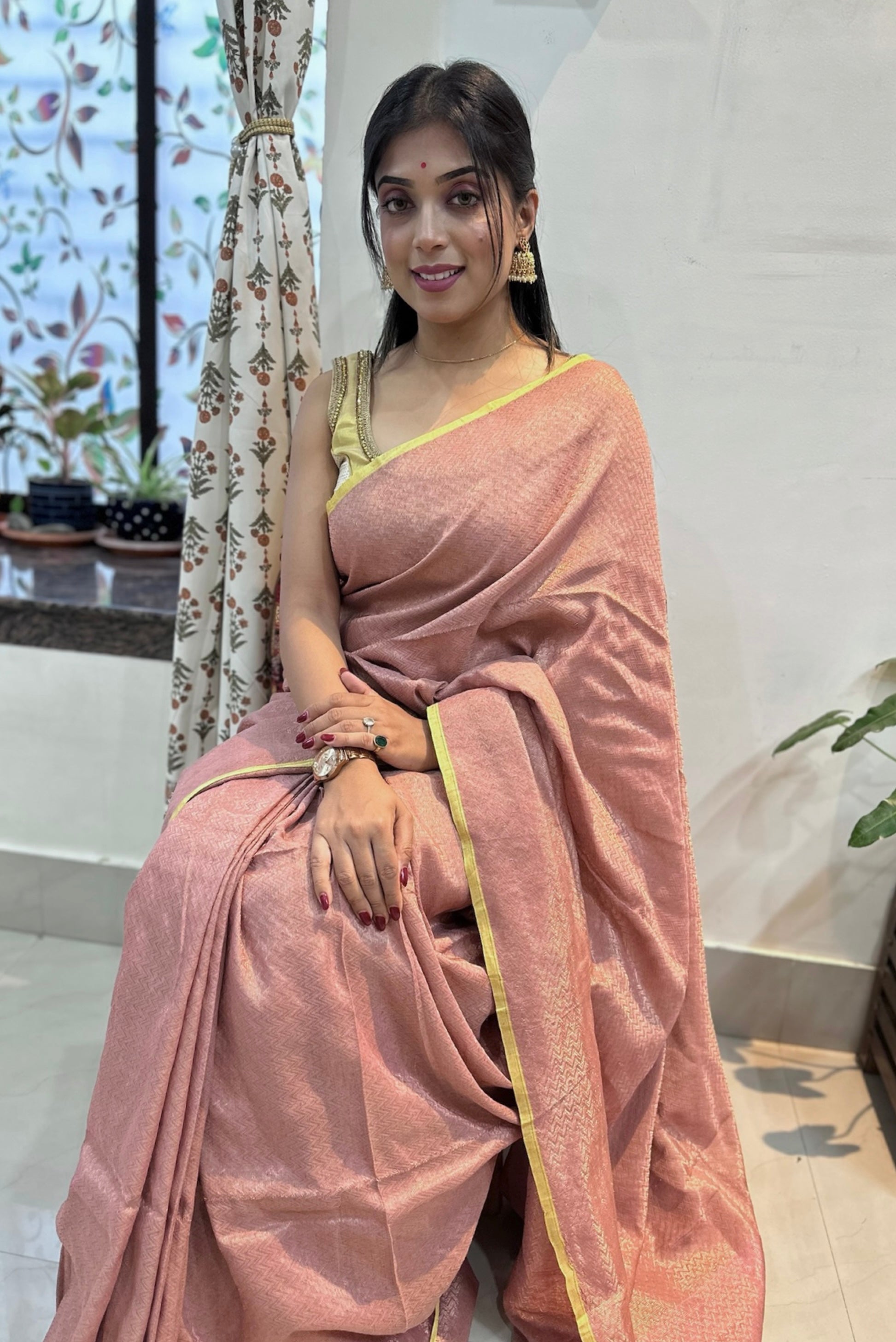 Pure Khadi Matka Cotton Brocade - Dusty Pink Color Handwoven