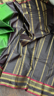 Pure Silk 1gm Zari Kanjivaram - Green Black self Stripe