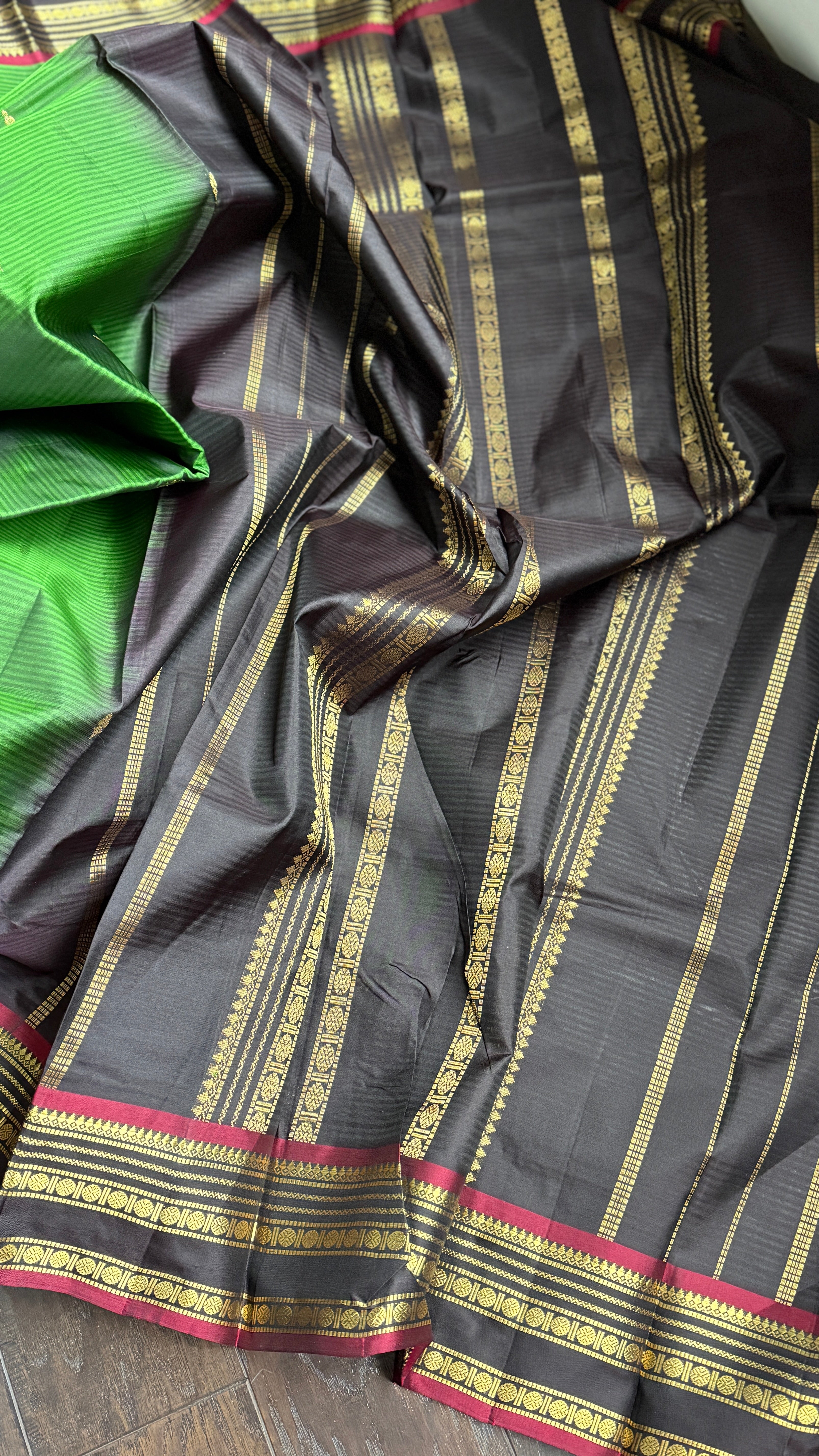 Pure Silk 1gm Zari Kanjivaram - Green Black self Stripe