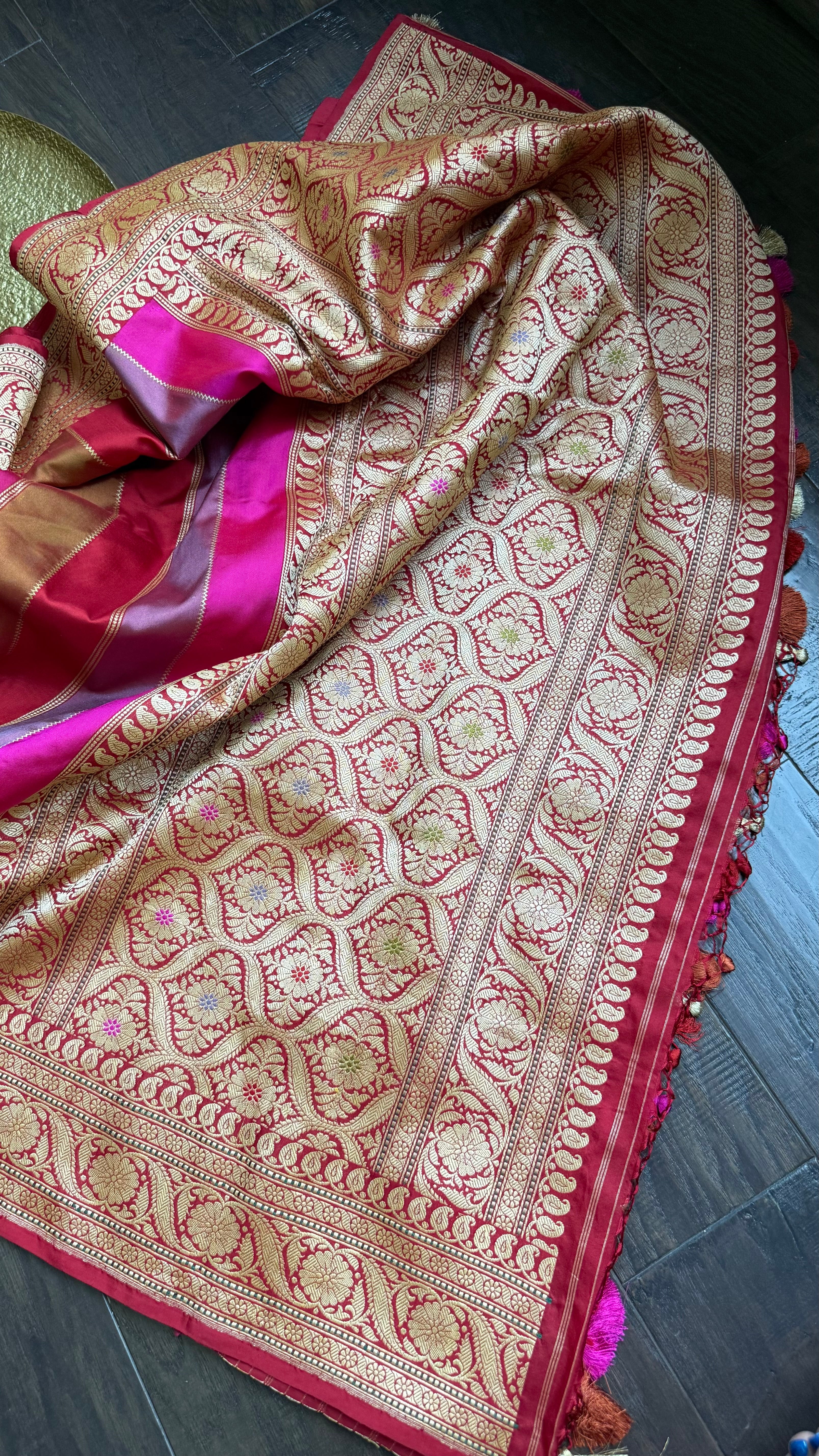 Pure Silk Rangkat Banarasi - Pink Red Multi shaded Kadwa
