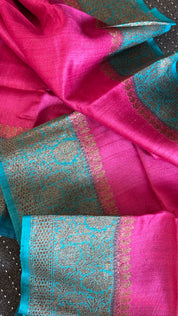Tussar Silk Banarasi - Magenta Pink Firozi Antique Zari