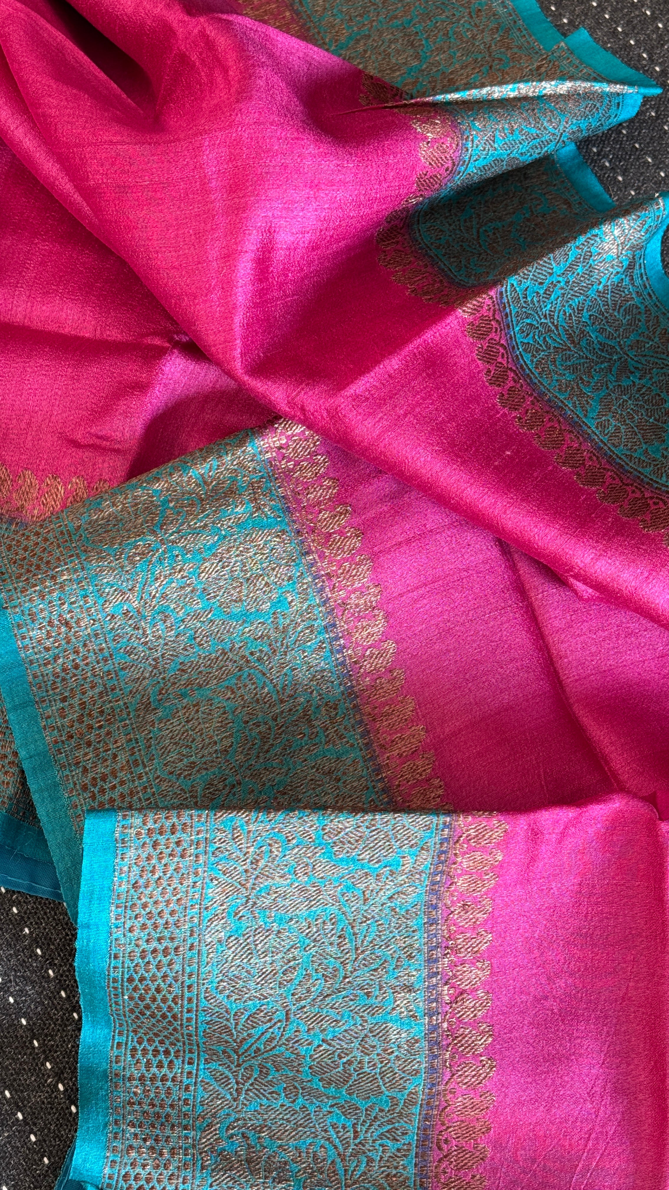 Tussar Silk Banarasi - Magenta Pink Firozi Antique Zari