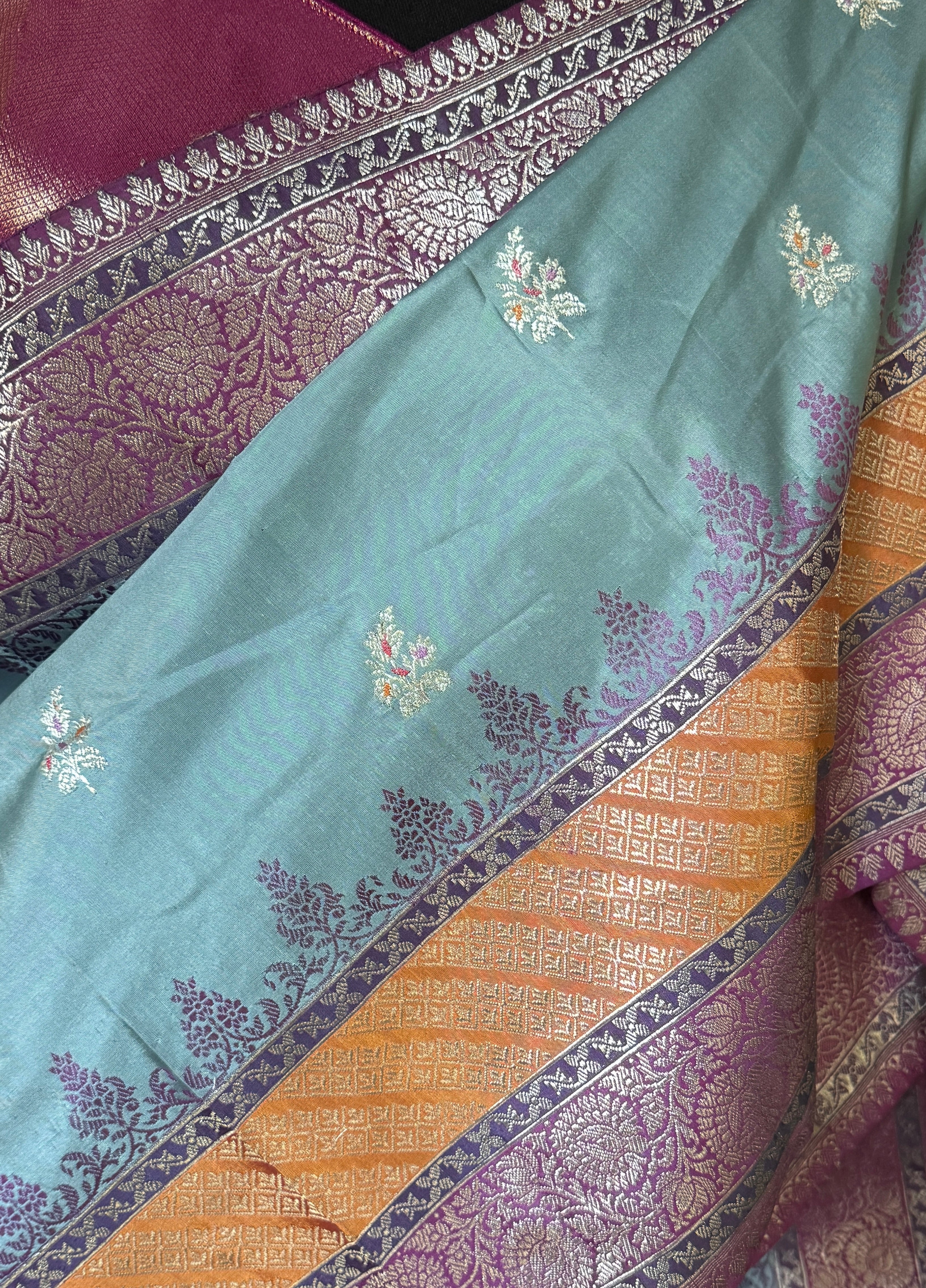 Pure Silk Katan Banarasi- Light Blue Kadhua Antique Silver Zari