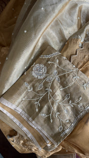 Designer Tissue Silk - Silver Golden Embroidered