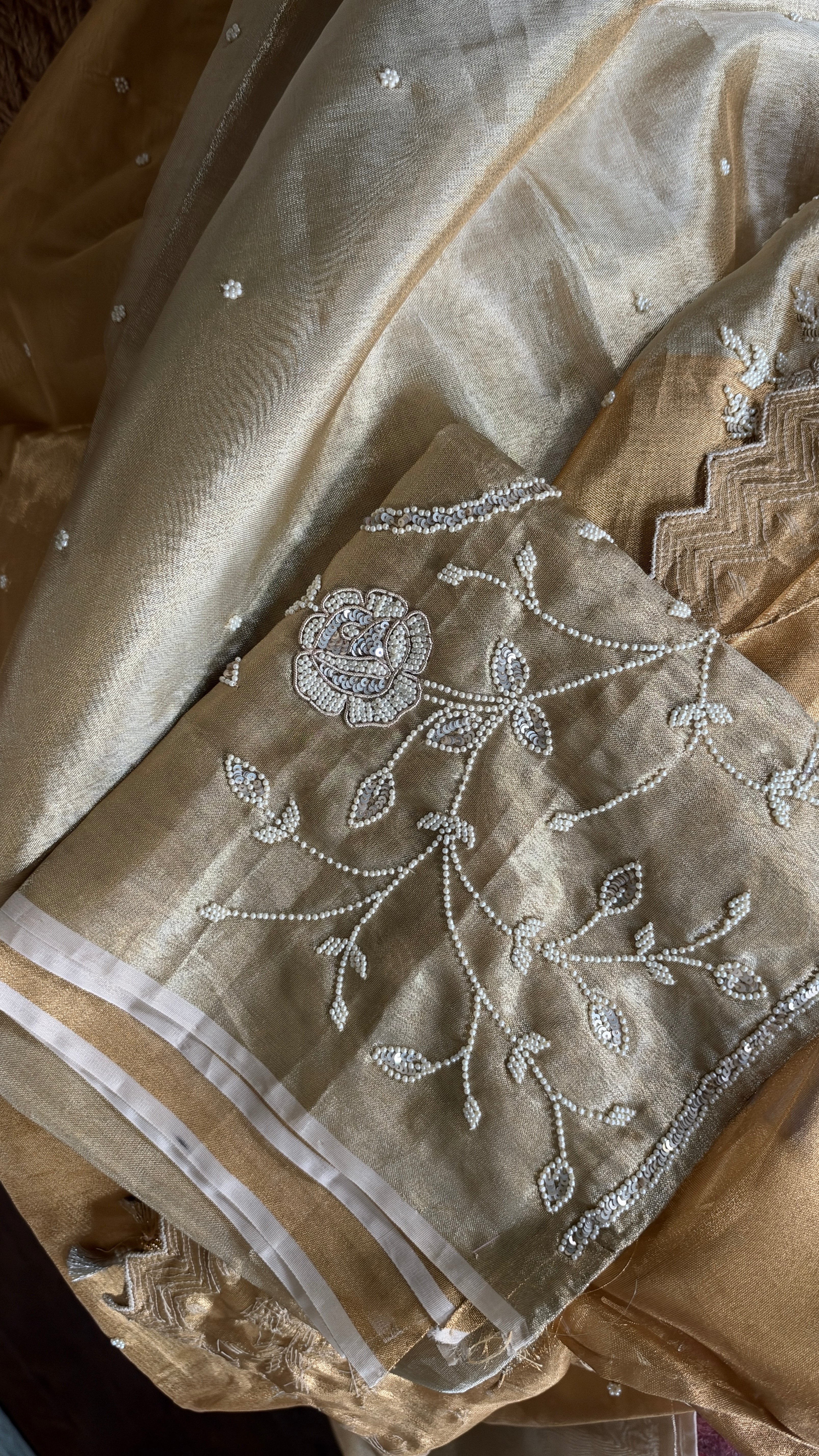 Designer Tissue Silk - Silver Golden Embroidered