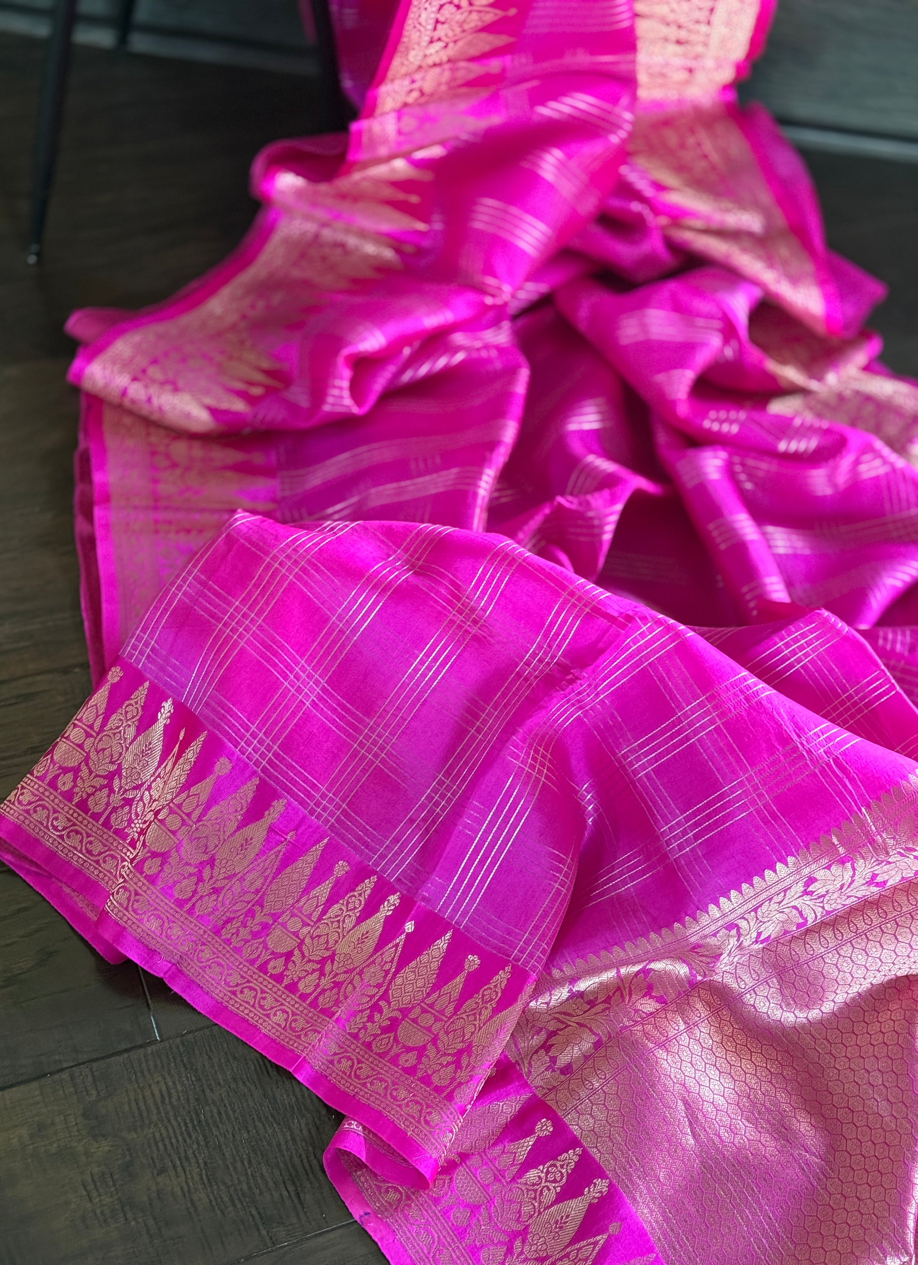 Pure Katan Silk Banarasi - Pink Checkered
