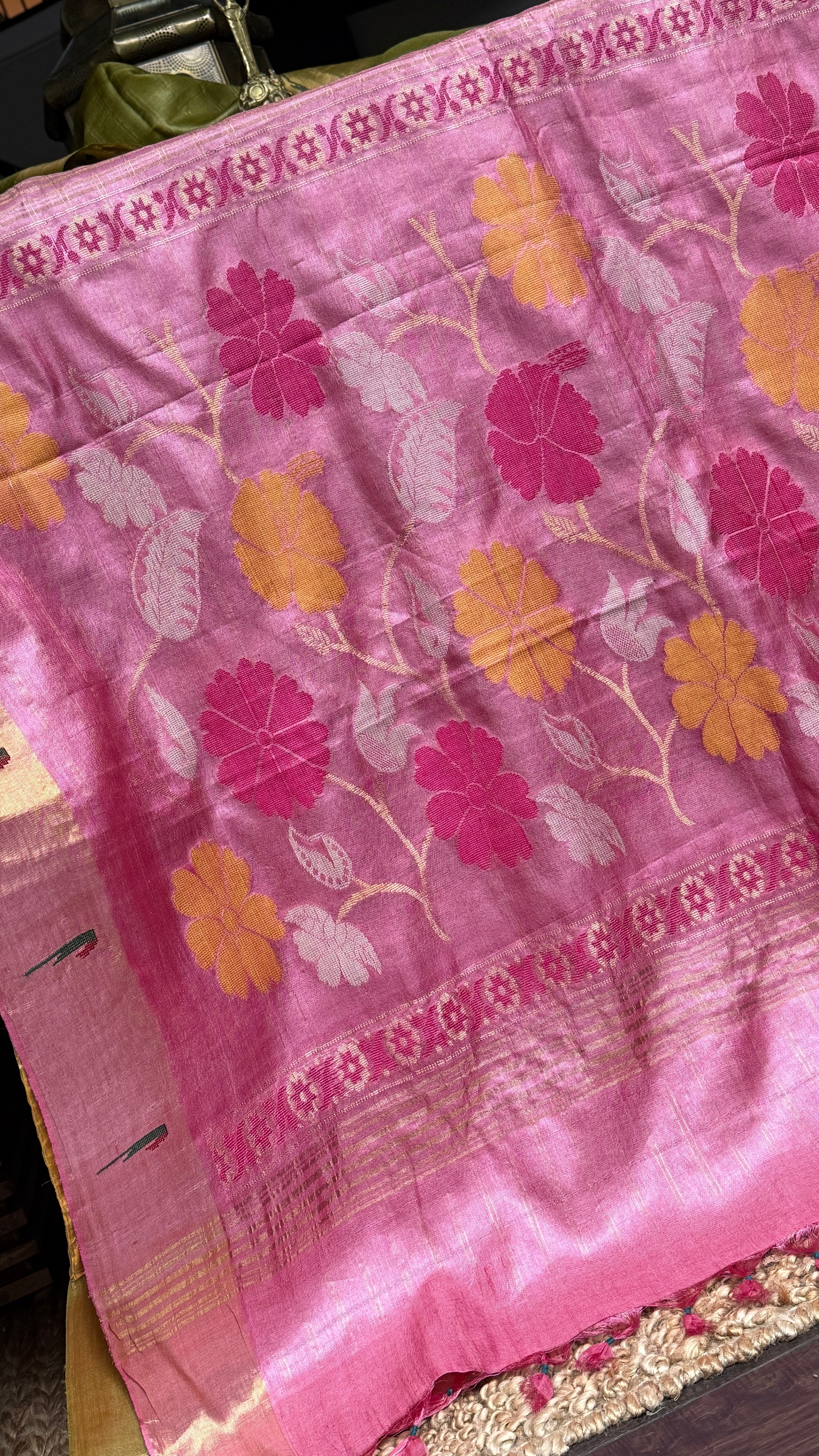 Tussar Silk Paithani Single Munia - Henna Green Handwoven