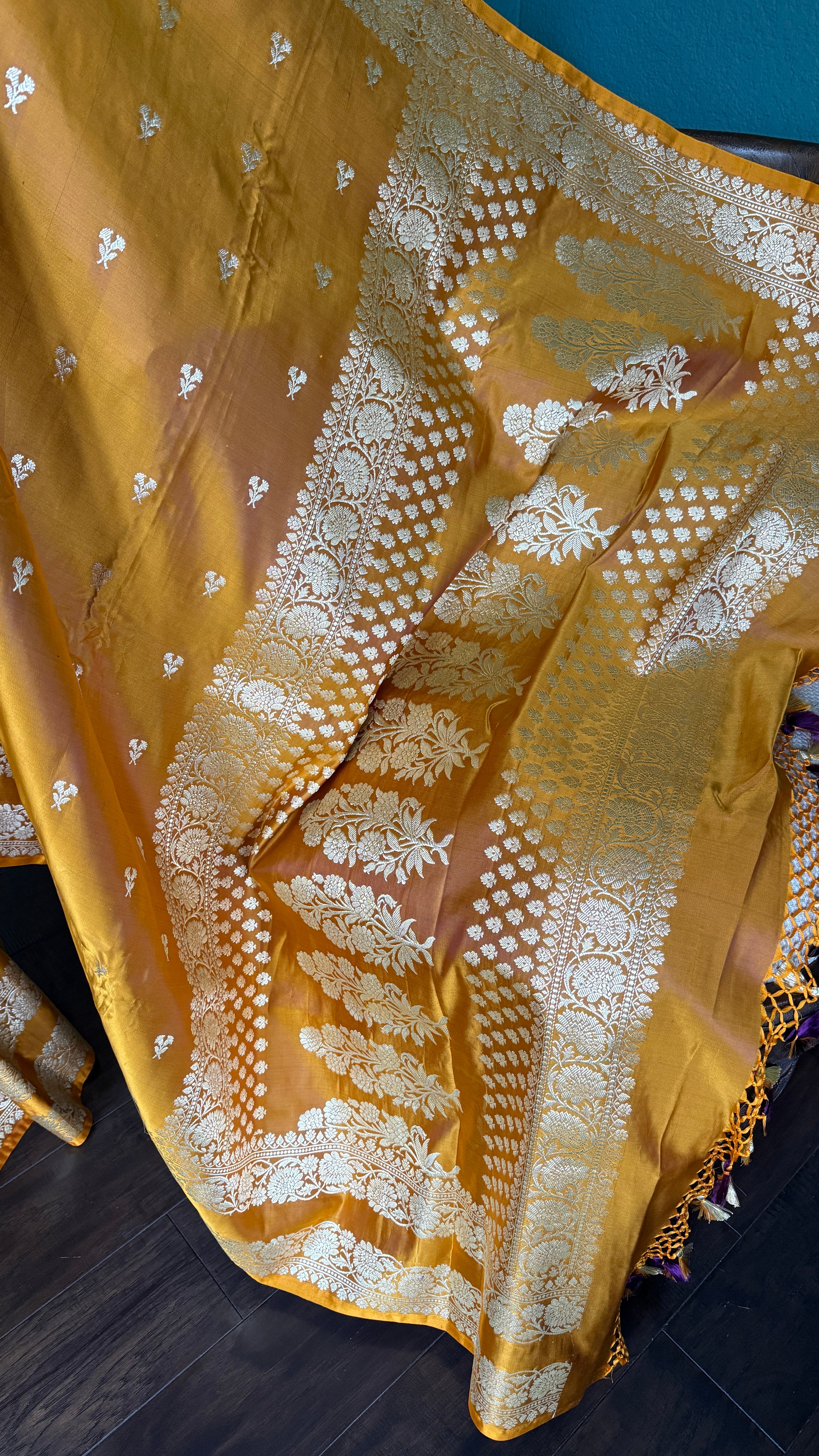 Pure Silk Mashru Banaras i- Golden Ochre Yellow