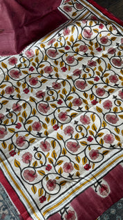 Pure Tussar Silk Kantha Stitch -  Maroon Beige