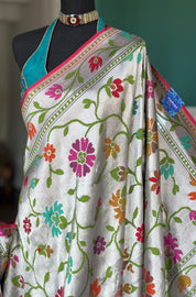 Khaddi Tussar Banarasi -  Silver Black Green Meenakari