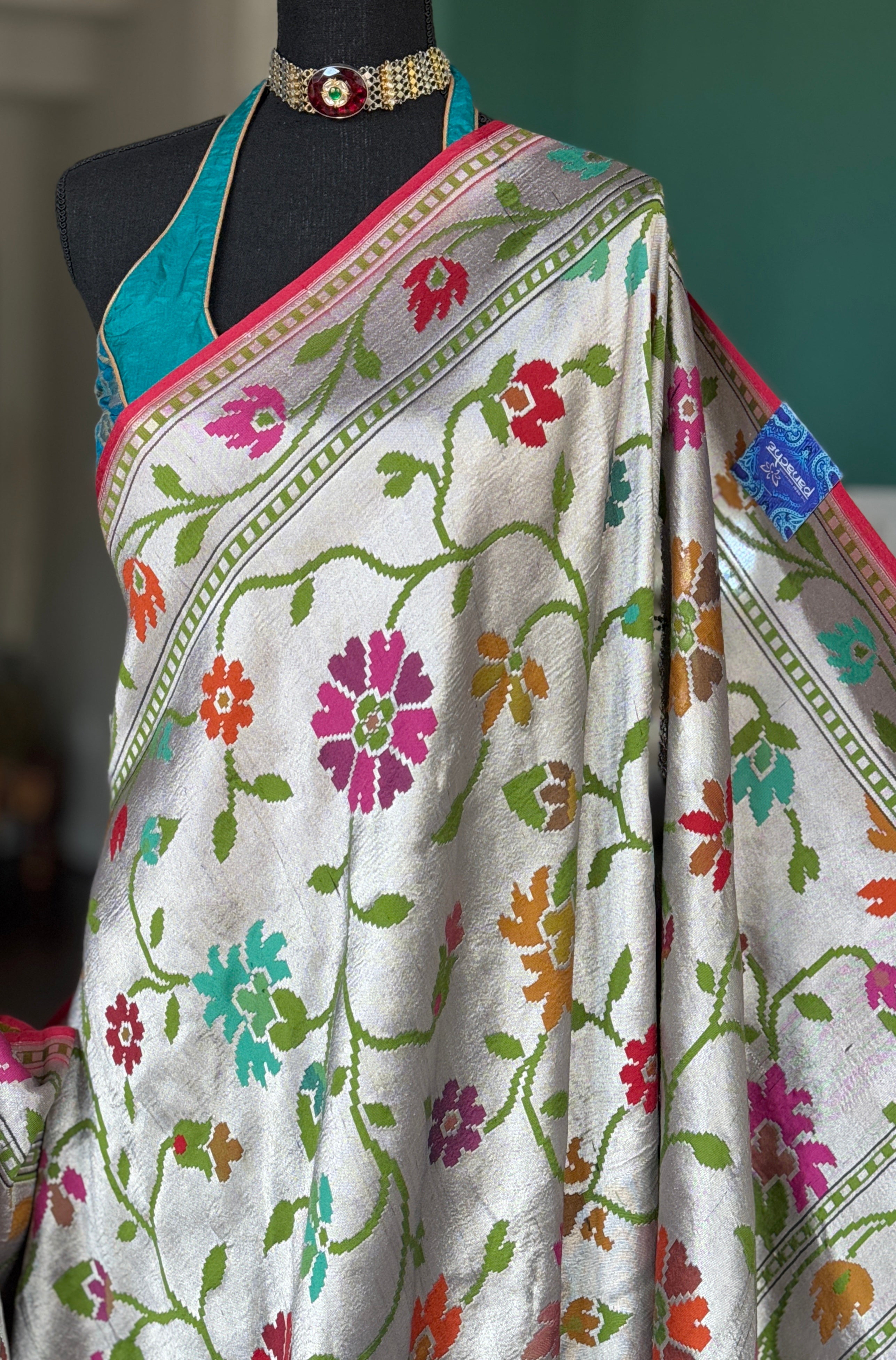 Khaddi Tussar Banarasi -  Silver Black Green Meenakari