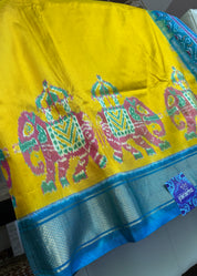 Pure Silk Ikat - Yellow Firozi Pochampally