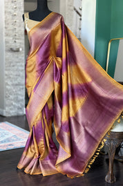 Tussar Silk Banarasi Shaded - Yellow Purple Antique Golden Zari
