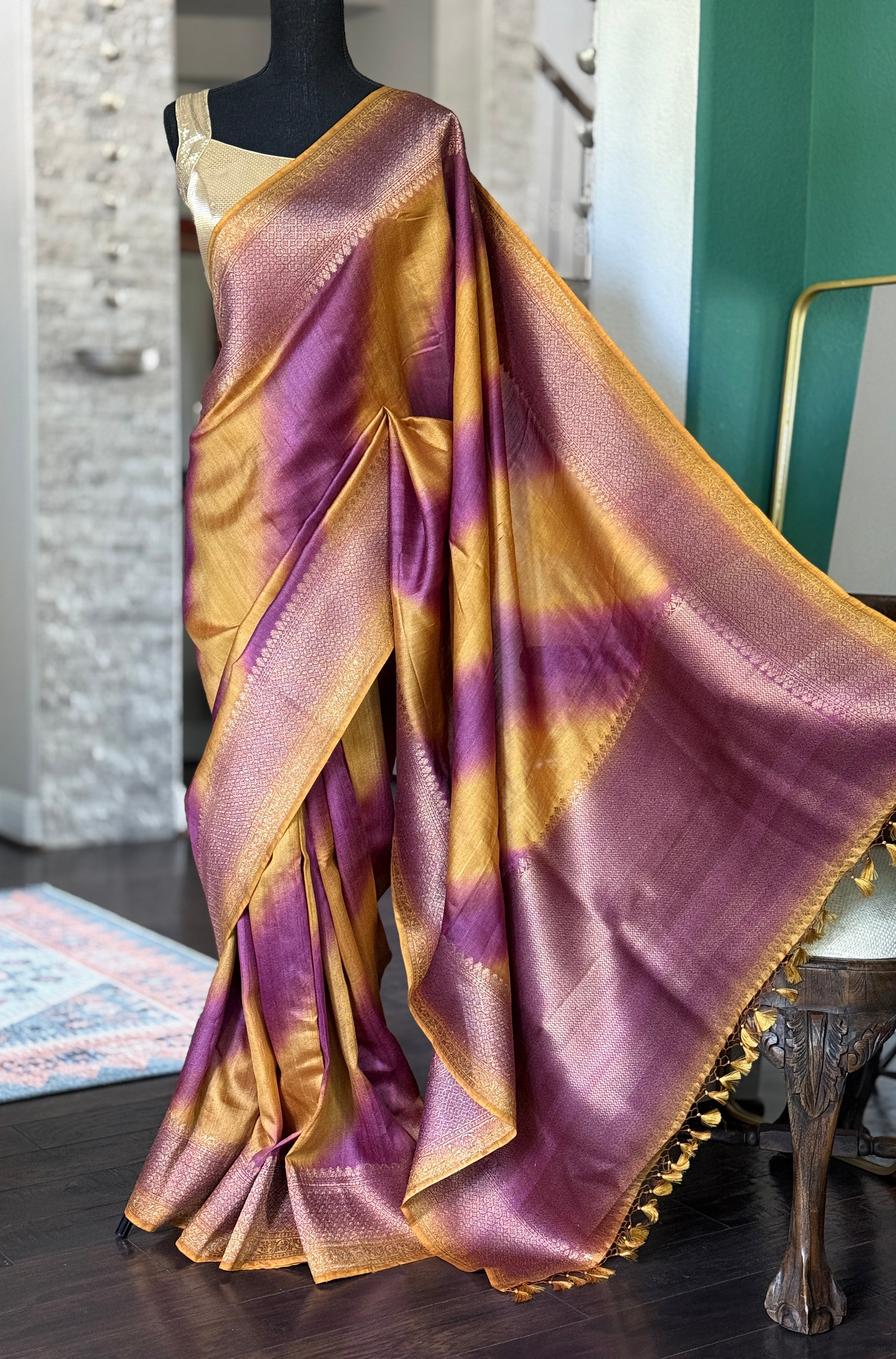Tussar Silk Banarasi Shaded - Yellow Purple Antique Golden Zari