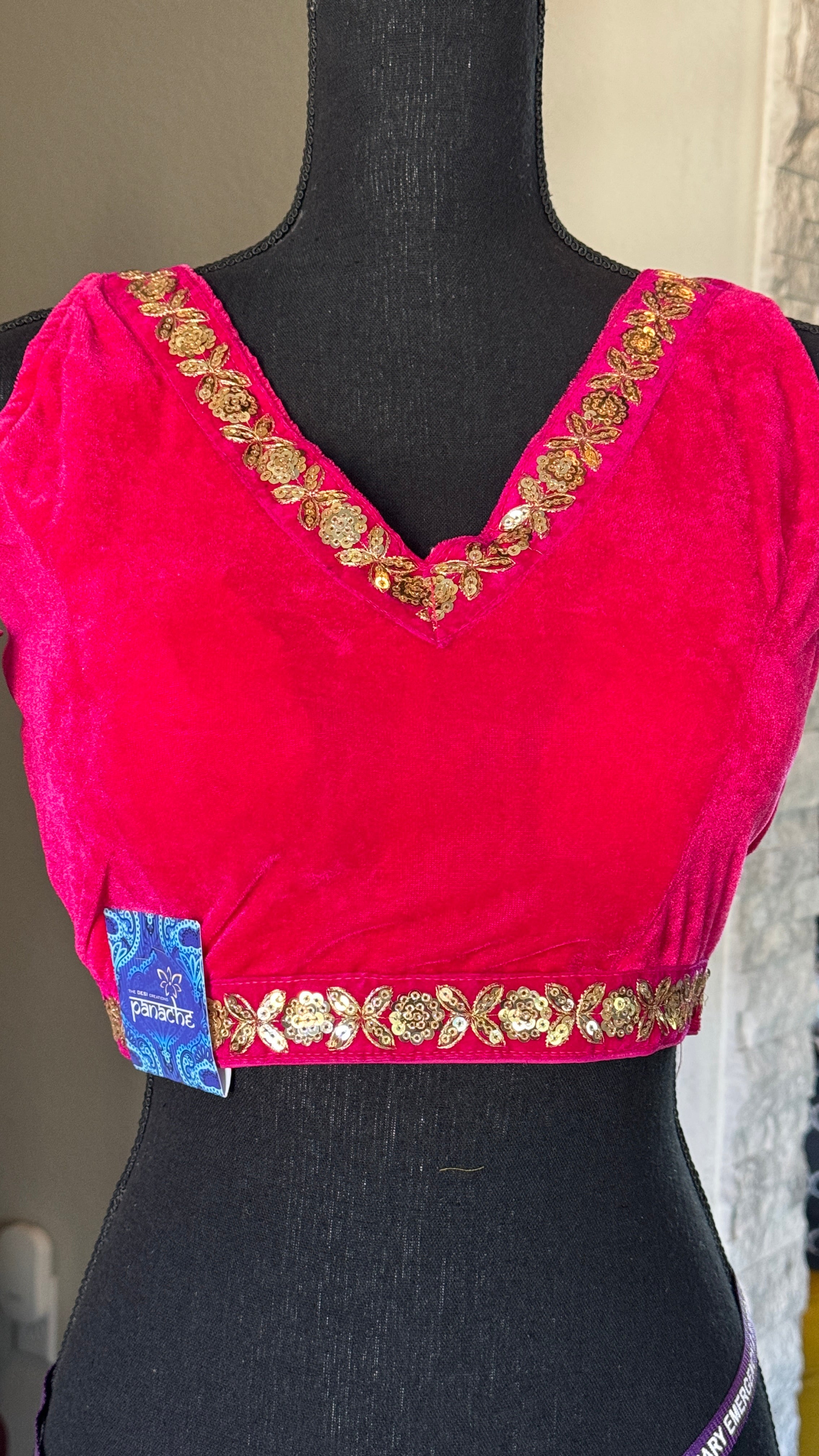 Designer Velvet Blouse - Pink Gold Zari Sleeveless