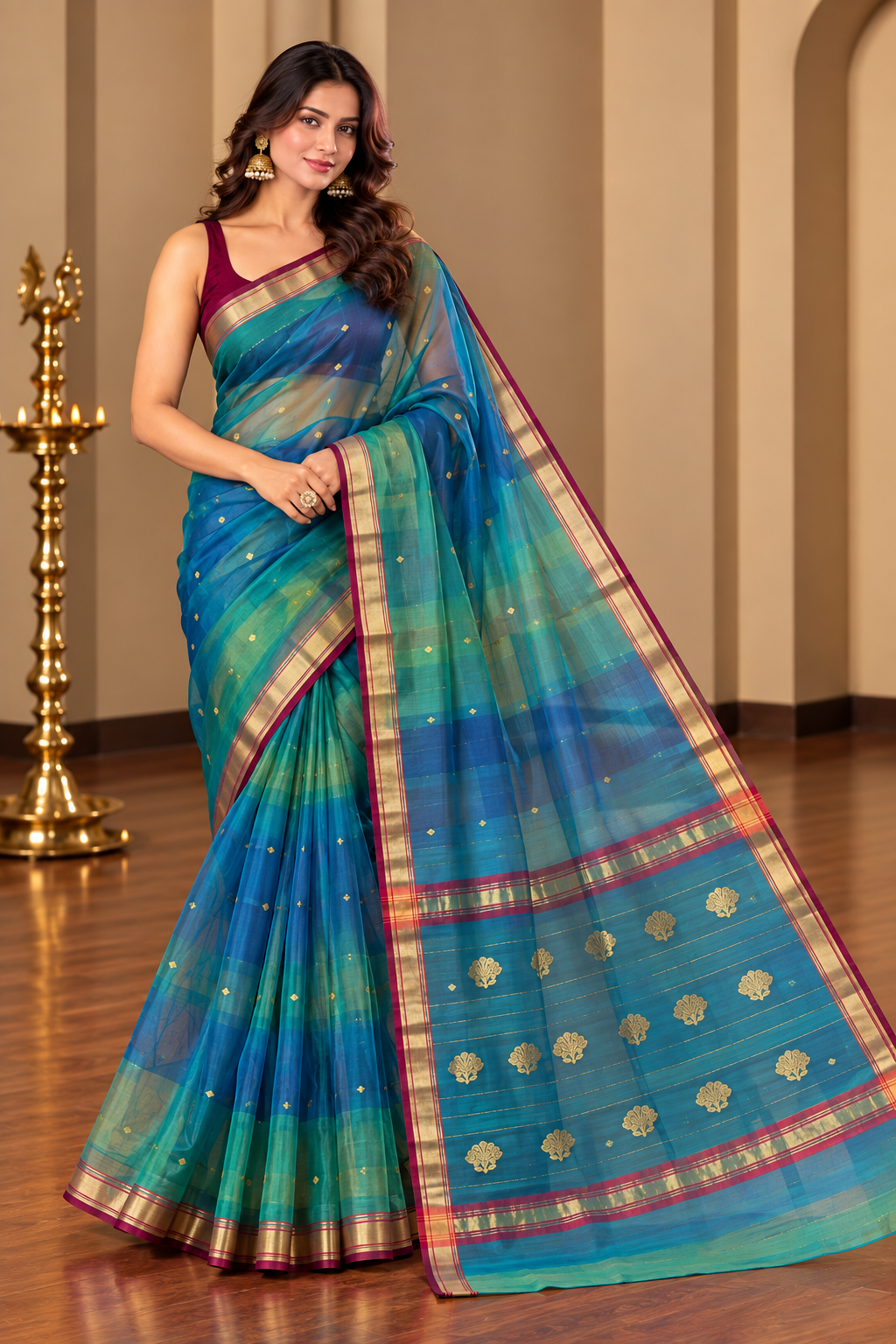 Pure Chanderi Organza Silk - Firozi and Green Shaded