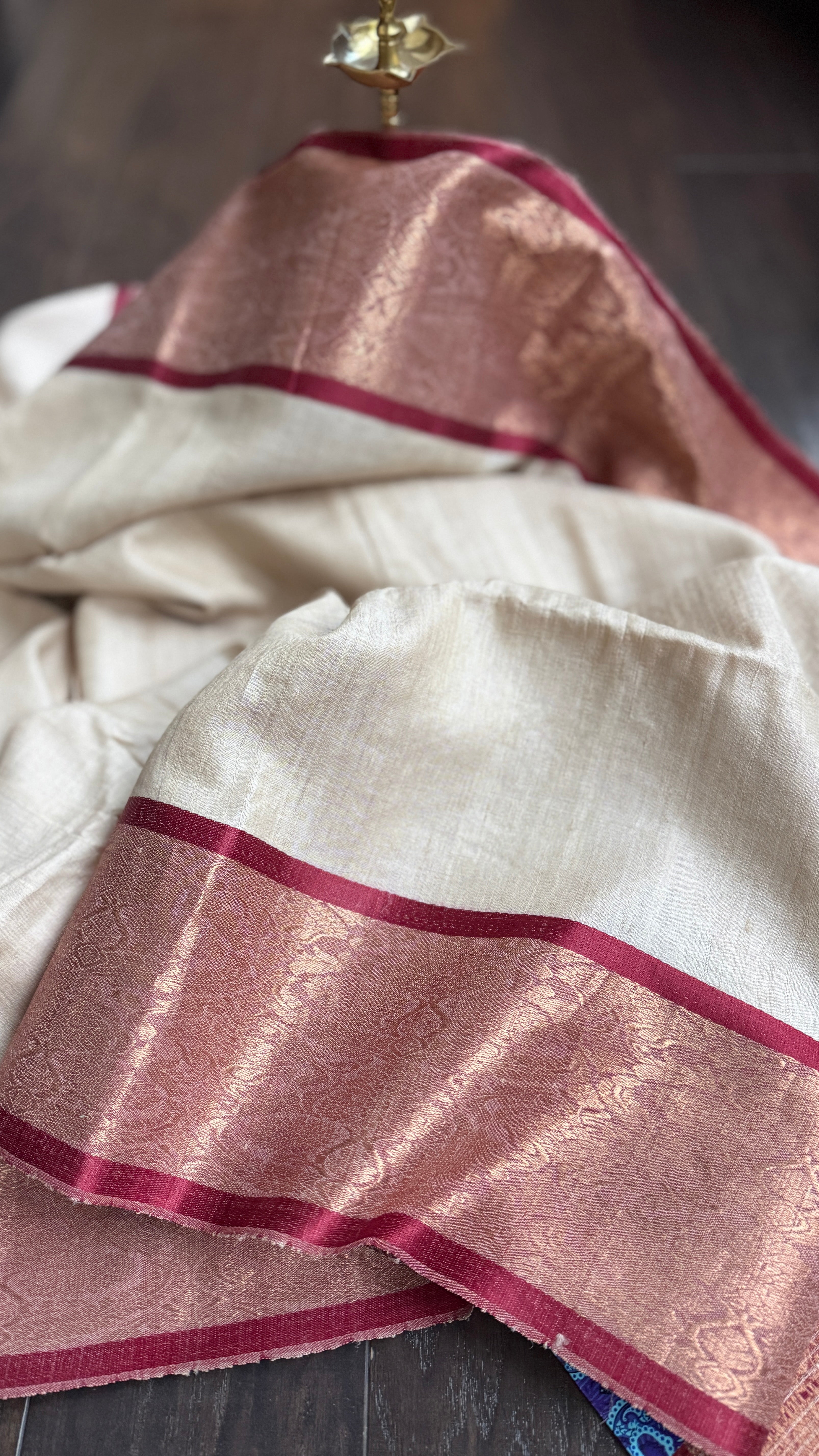 Pure Tussar Silk Handwoven - Tussar Beige Dark Maroon