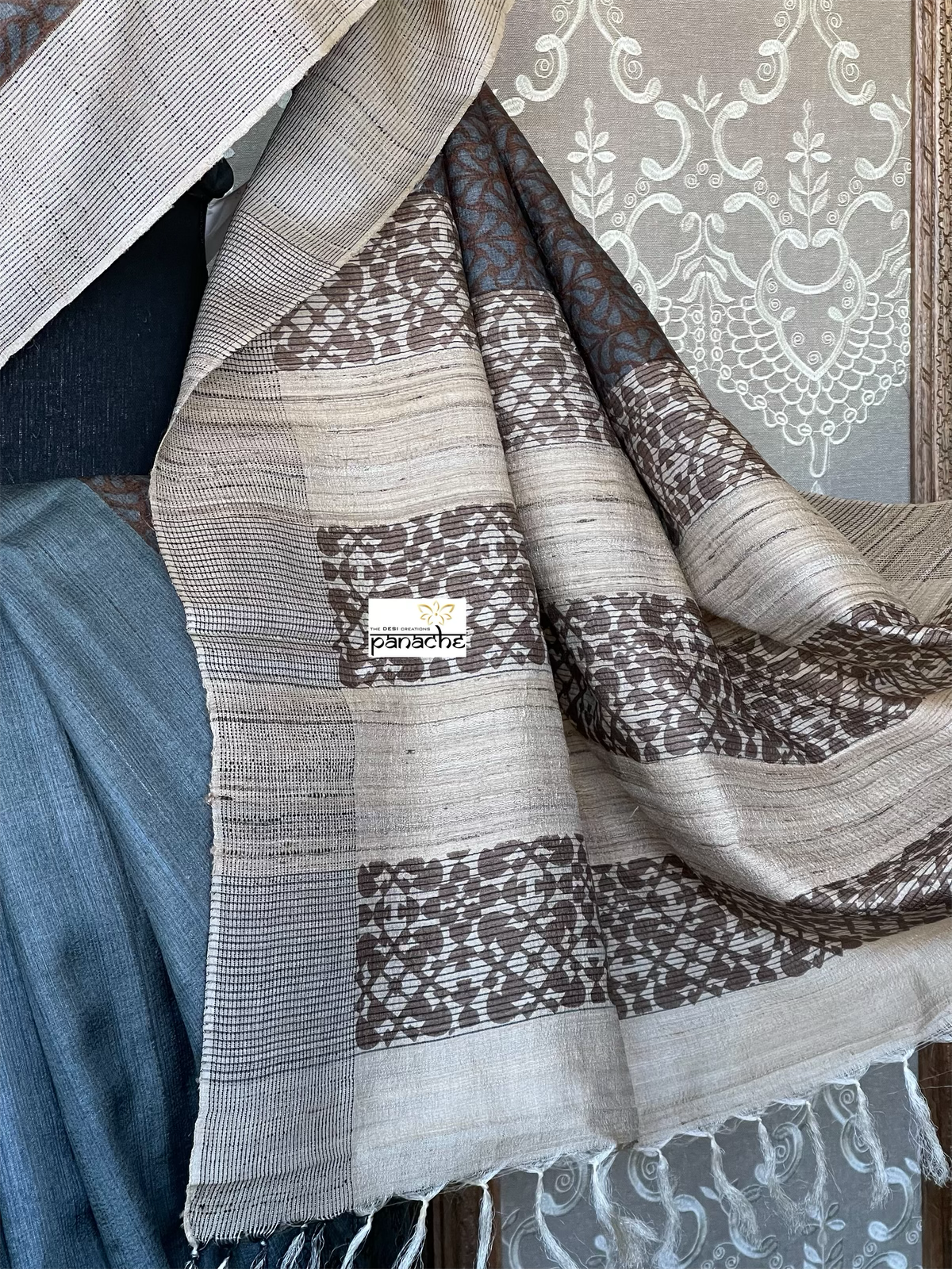 Pure Tussar Silk - Grey Brown embroidered Digital Printed