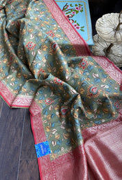 Tussar Silk Kalamkari Banarasi- Green Red