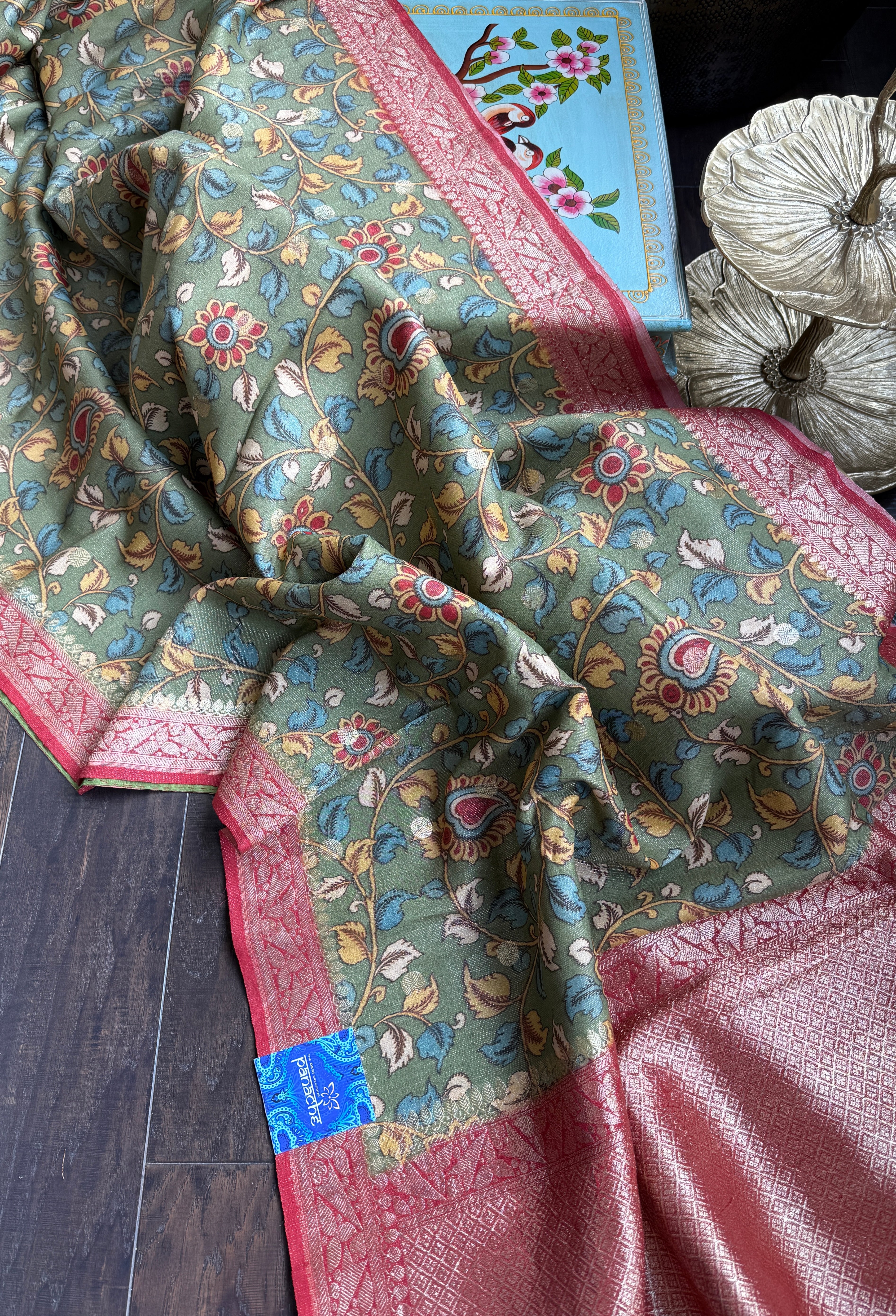 Tussar Silk Kalamkari Banarasi- Green Red