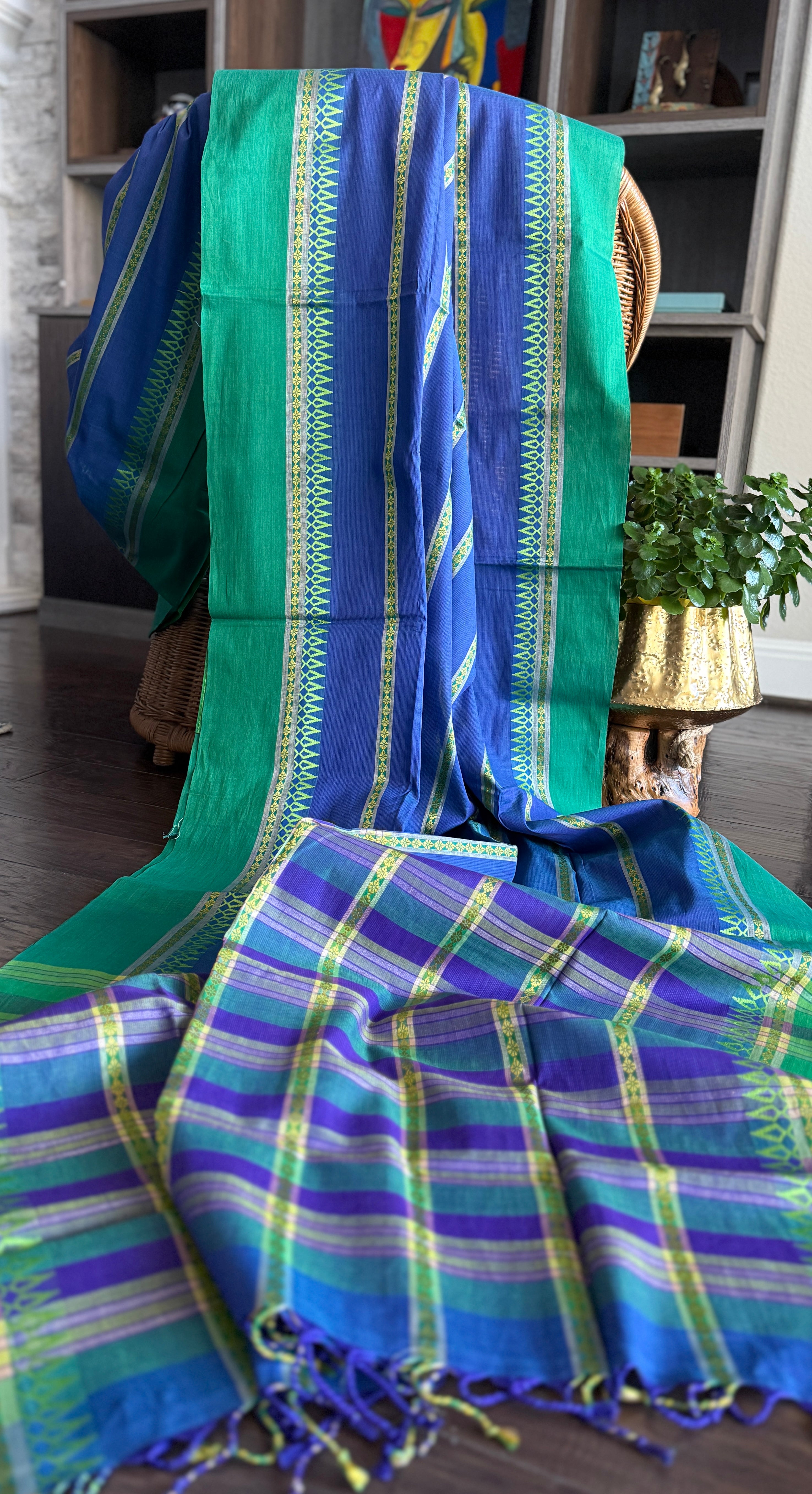 Pure Khadi Cotton Handloom - Green Purple Blue