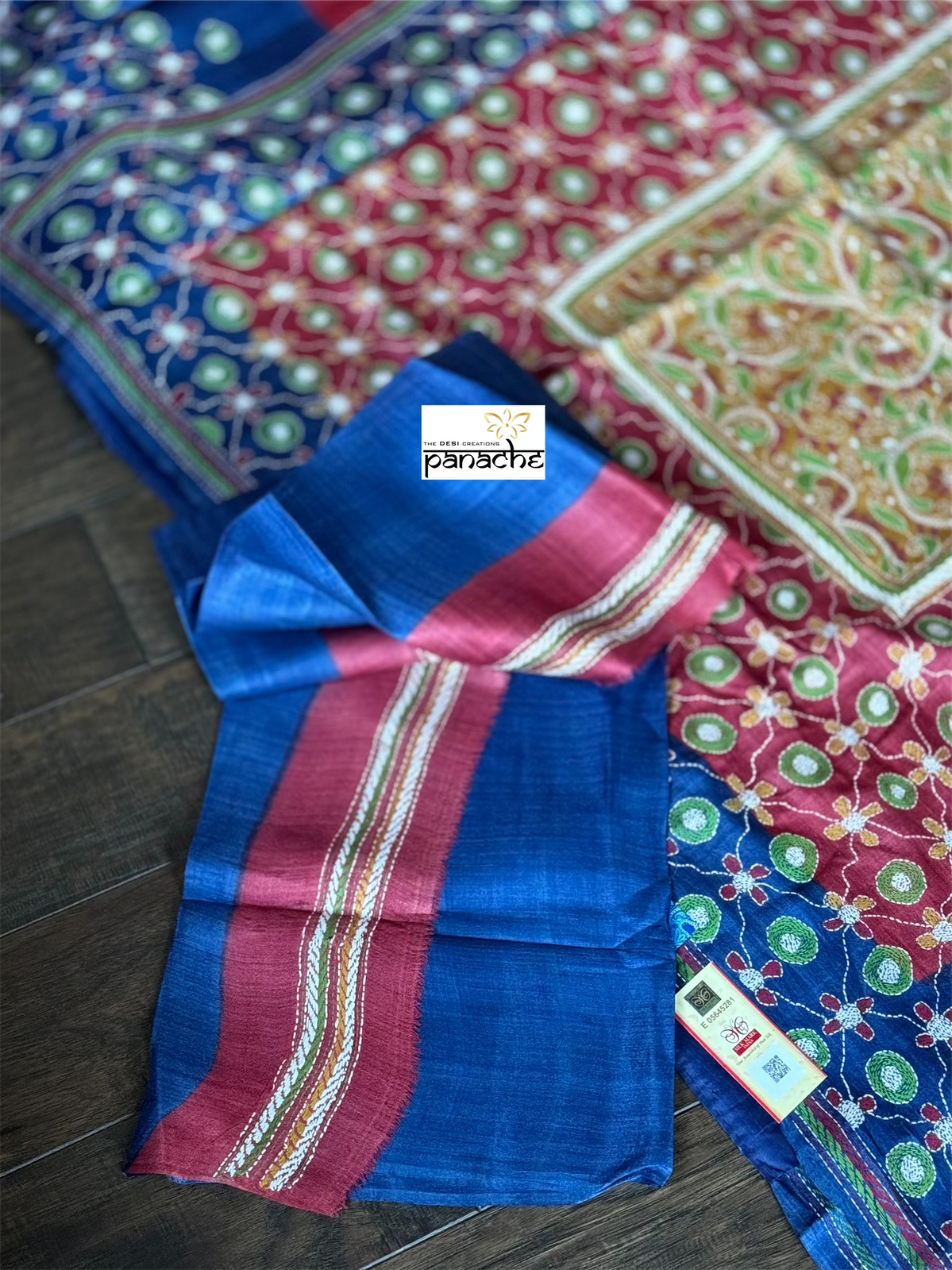 Pure Tussar Silk Sujni Kantha Stitch -  Blue Multi Color