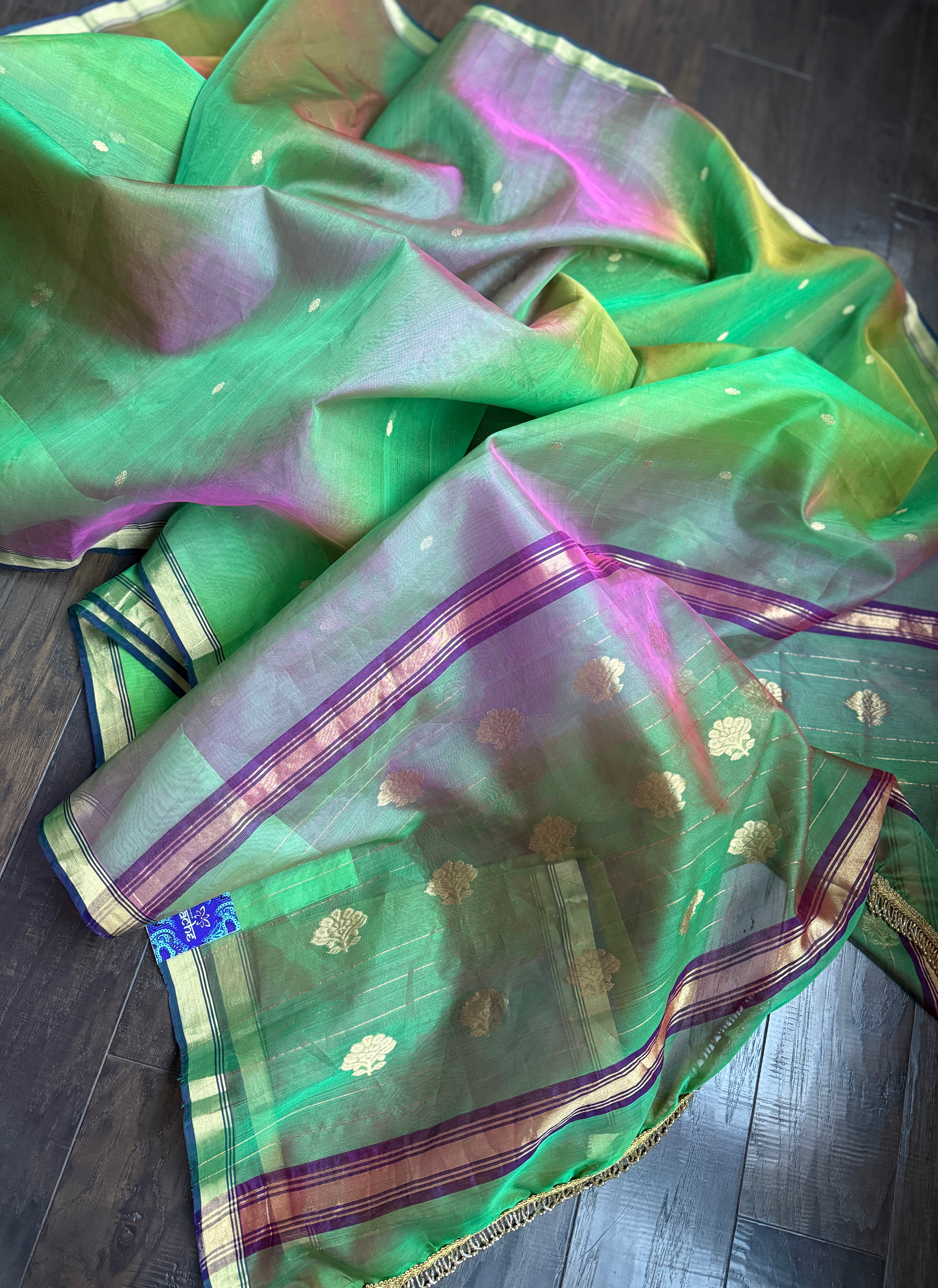 Pure Chanderi Organza Silk - Green Purple Shaded