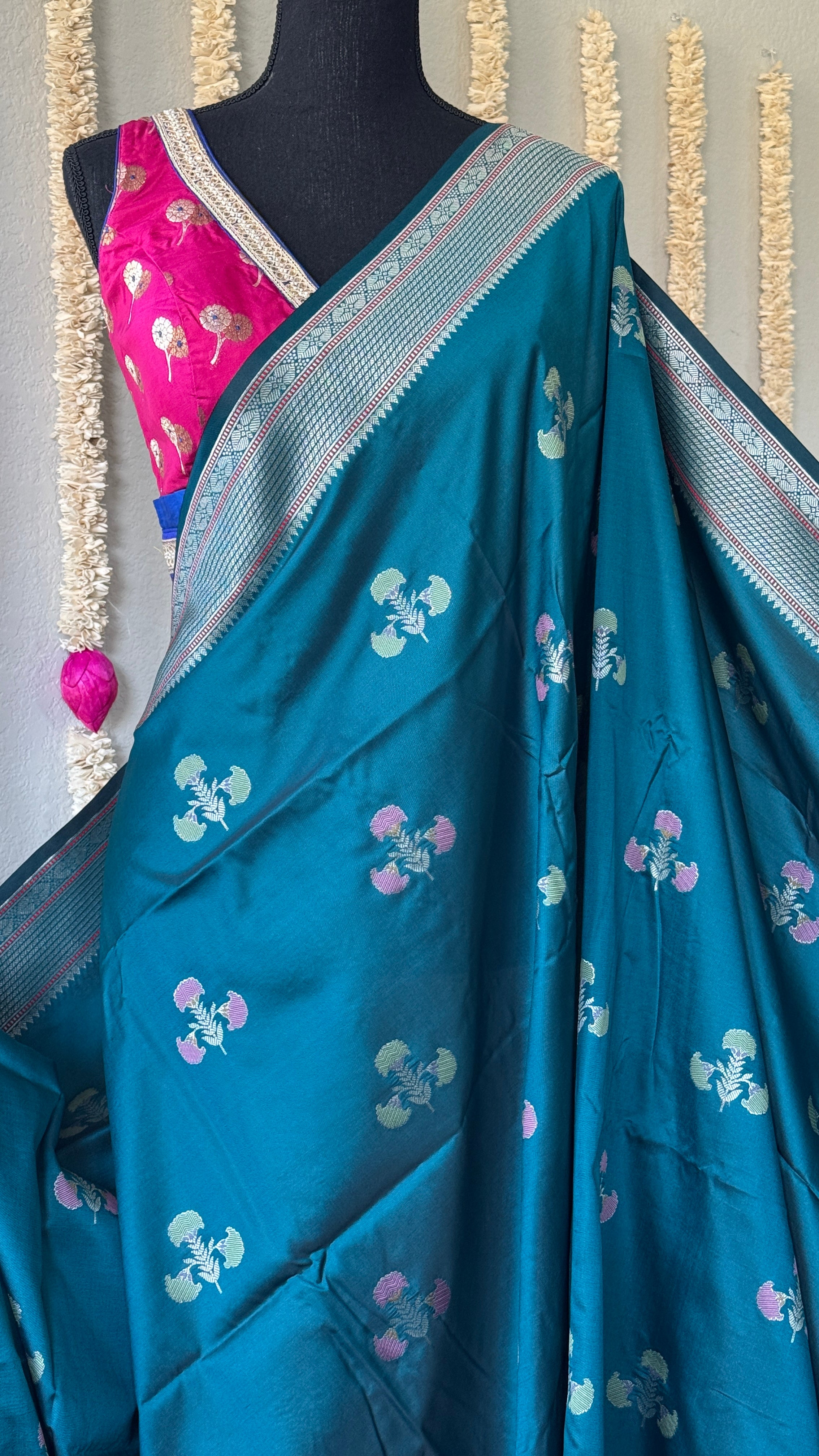 Soft Silk Banaras Saree - Teal Blue Meenakari