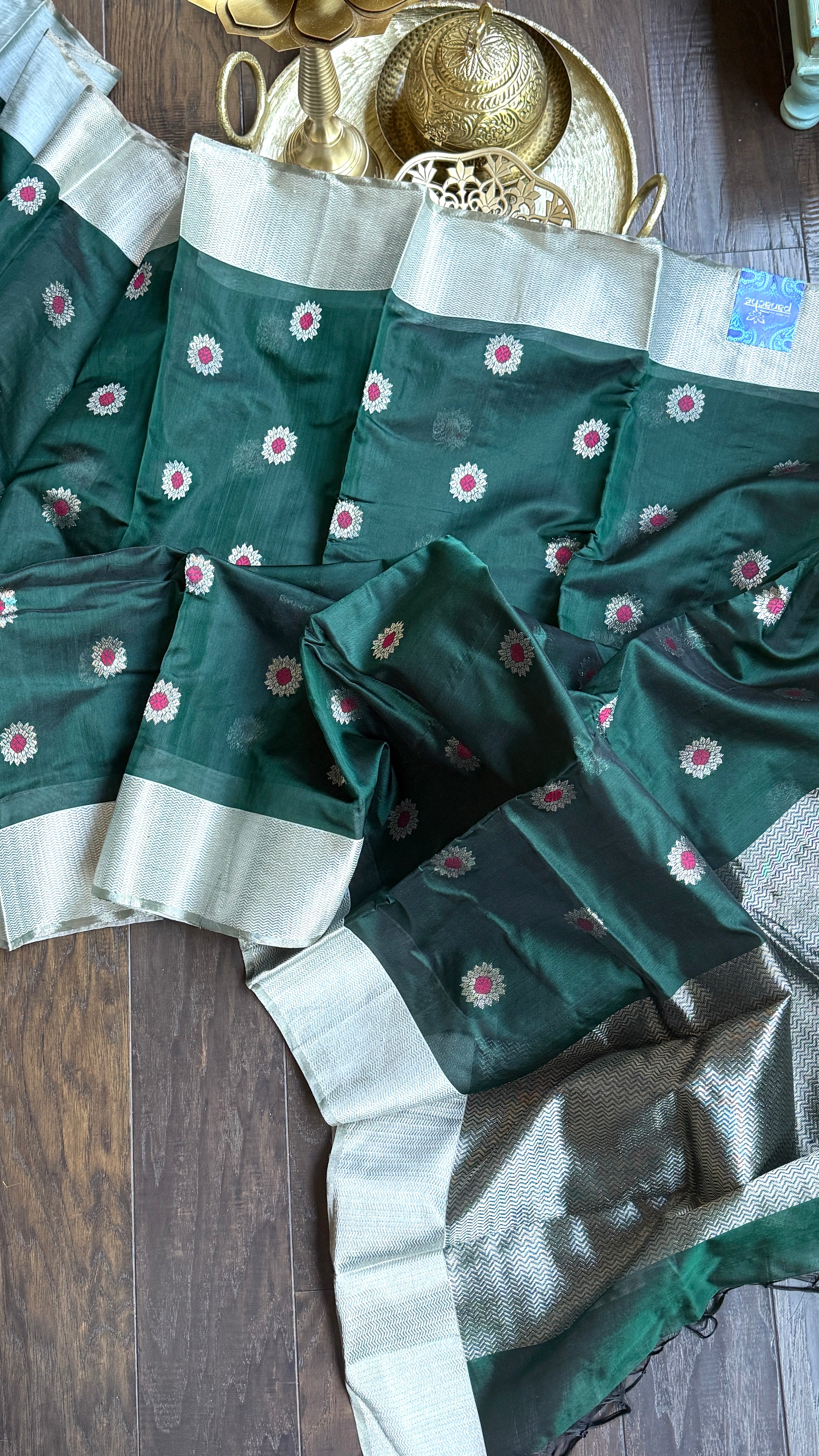 Pure Chanderi Pattu Silk - Dark Teal Green Meenakari