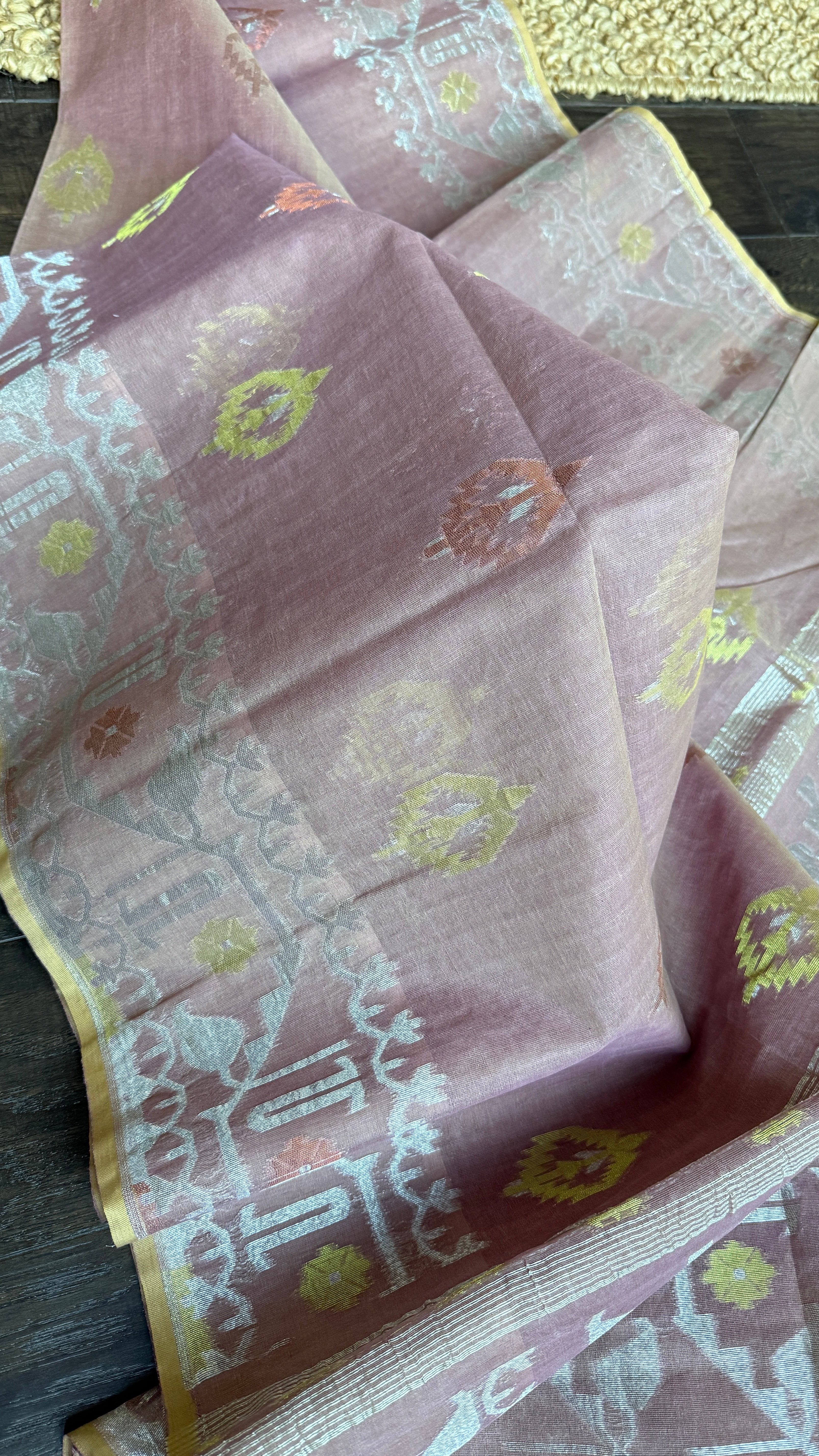 Dhakai Jamdani  - Dusty Pink Gold Silver Zari  Woven