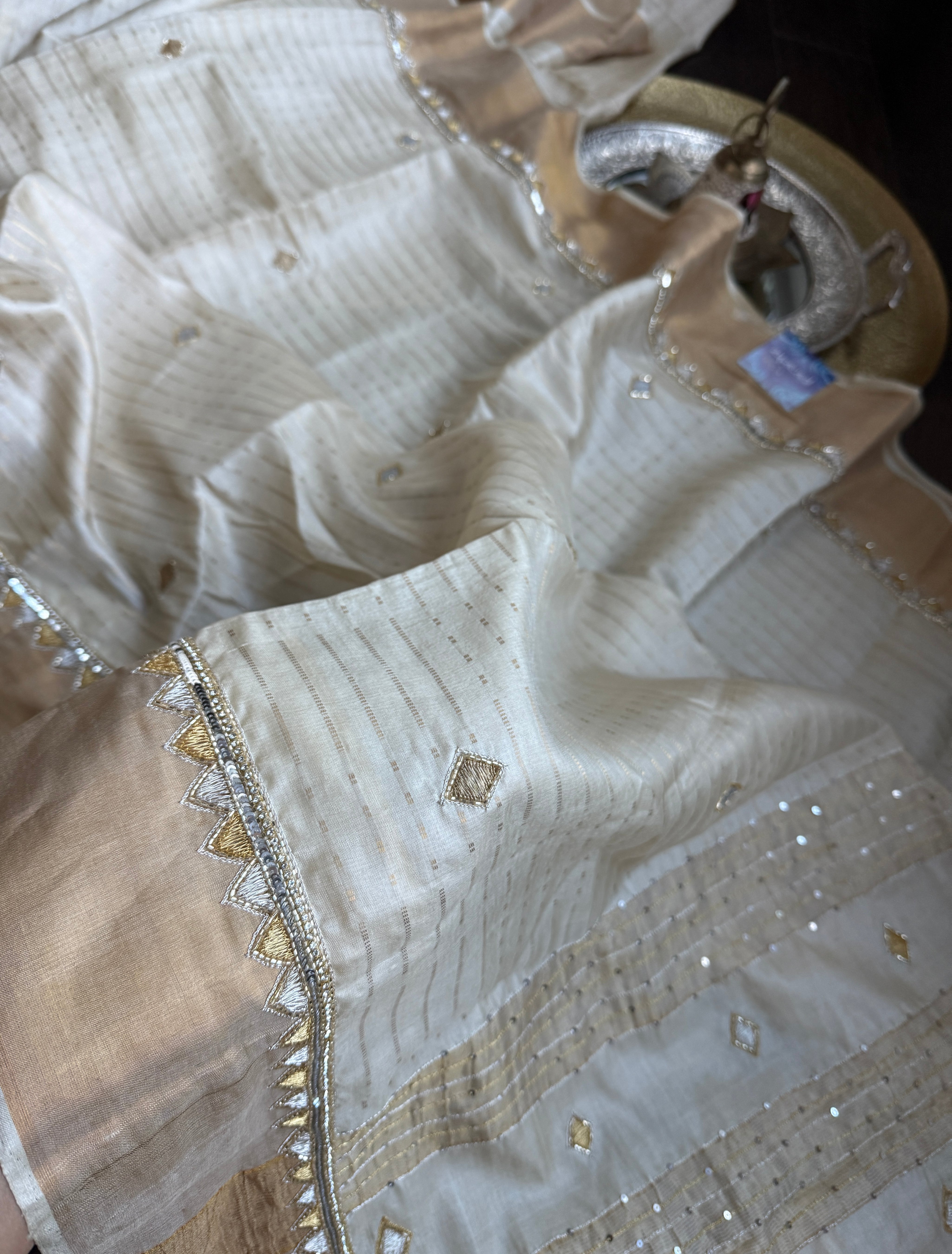 Designer Tussar Silk Zardozi - Beige Golden Purple Green Embroidered