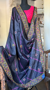 Pure Tussar Silk Gujrati Stitch -  Black Shibori Hand Embroidered