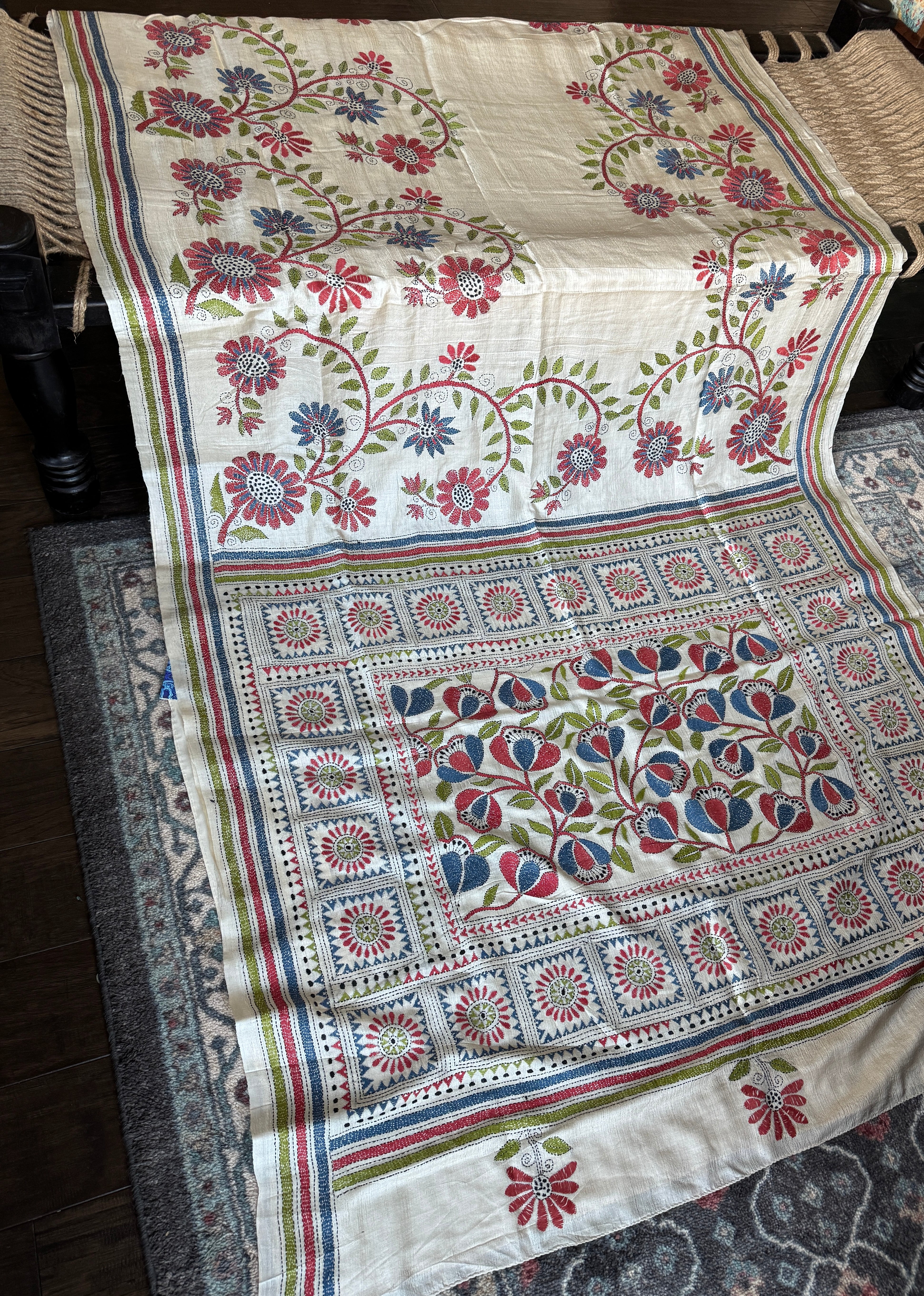 Pure Tussar Silk Kantha Stitch -  Beige Multi color