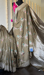 Soft Silk Banaras Saree - Cement Grey Meenakari