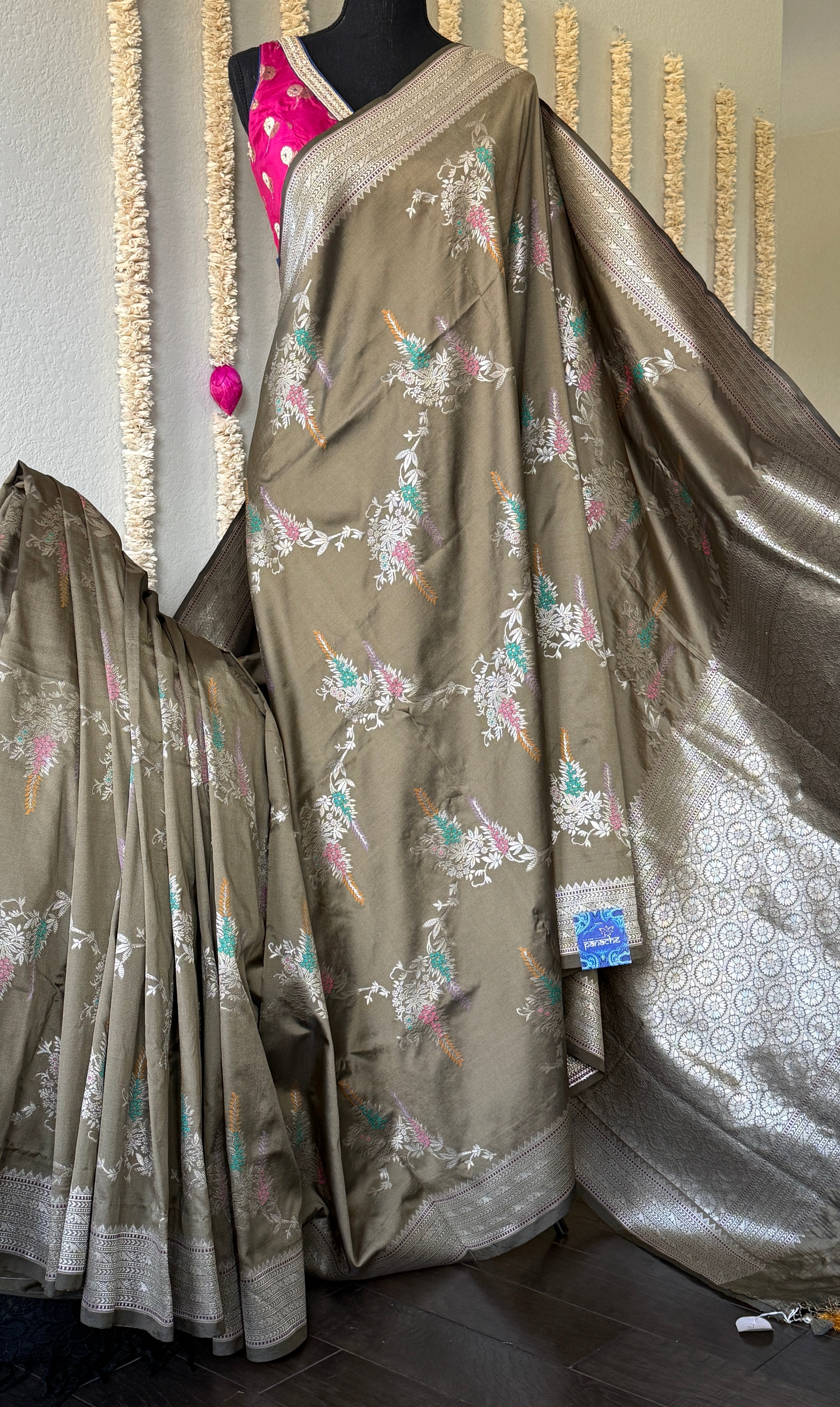 Soft Silk Banaras Saree - Cement Grey Meenakari
