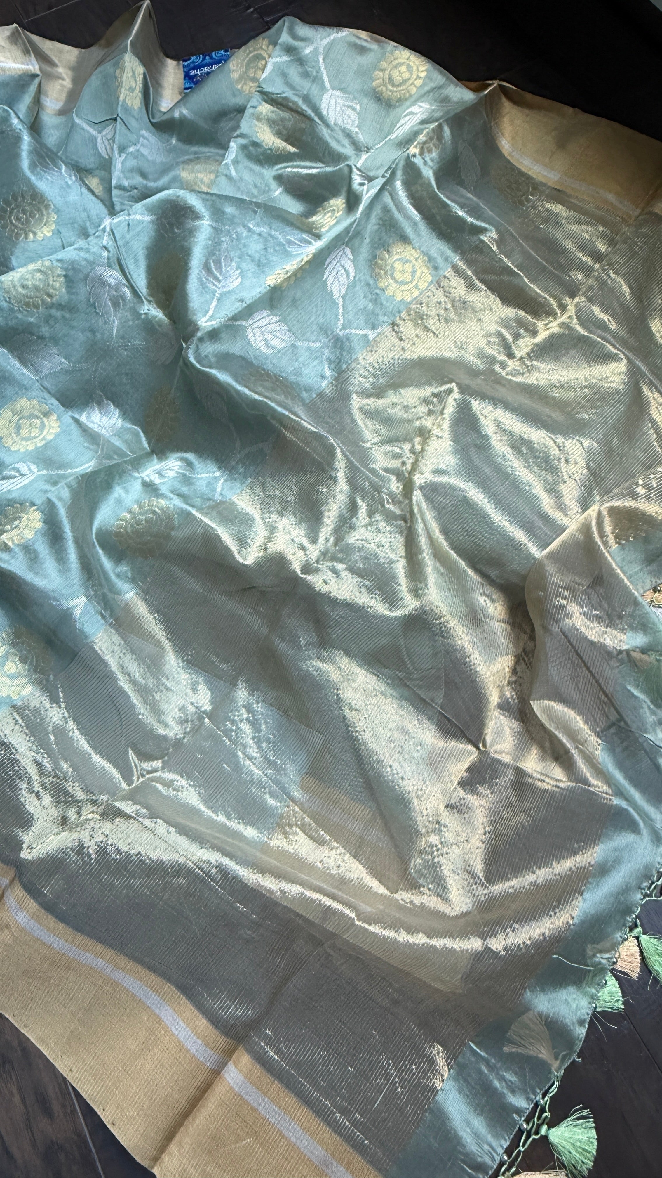 Pure Chanderi Pattu Silk - Metallic Sea Green Jaal woven