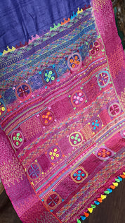 Pure Tussar Silk Lambani - Blue Pink Hand Embroidered