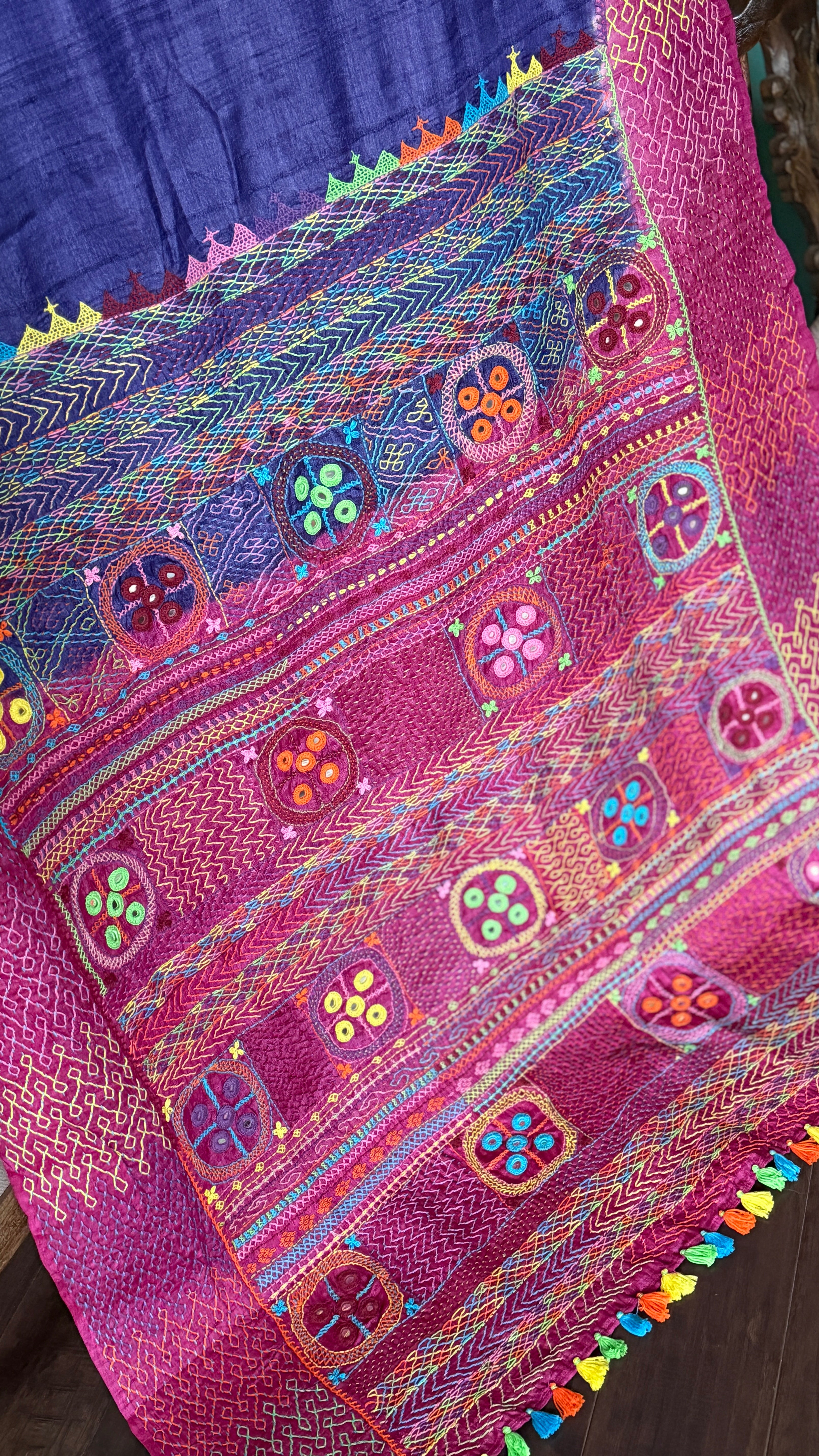 Pure Tussar Silk Lambani - Blue Pink Hand Embroidered