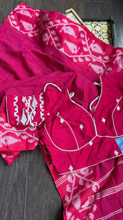 Khadi Cotton Jamdaani Soft - Raspberry Pink Red White Textured Woven