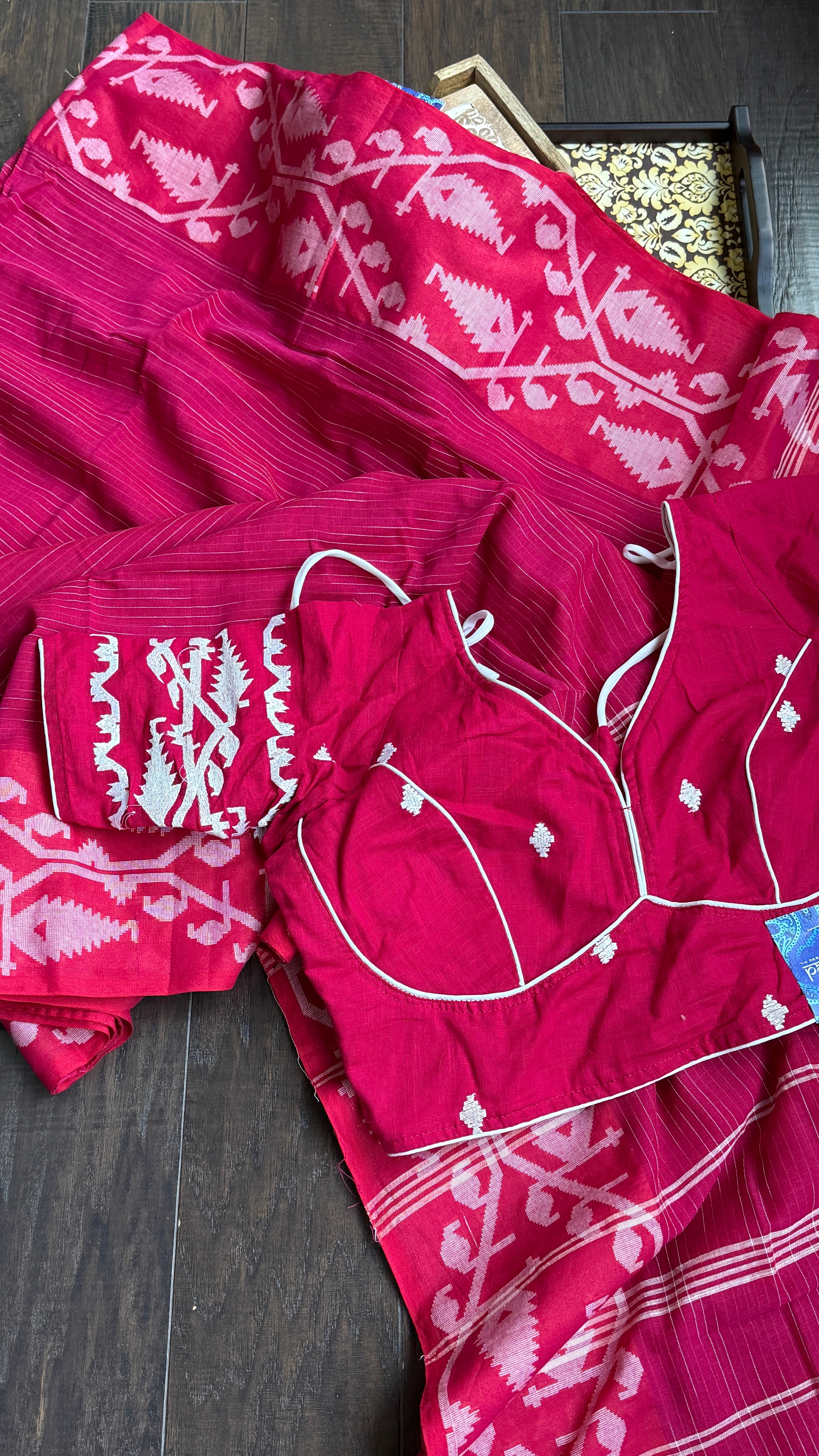 Khadi Cotton Jamdaani Soft - Raspberry Pink Red White Textured Woven