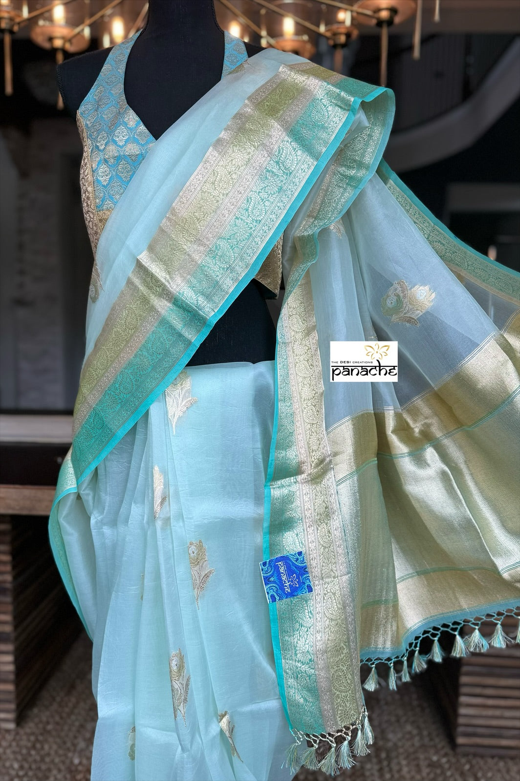 Organza Silk Banarsi - Mint Blue Kadwa