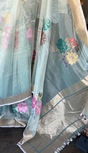 Handwoven Pure Tissue Net Organza Silk Saree with Zari Border & Multicolor Floral Motifs – Lightweight Festive Wear | Ships from USA